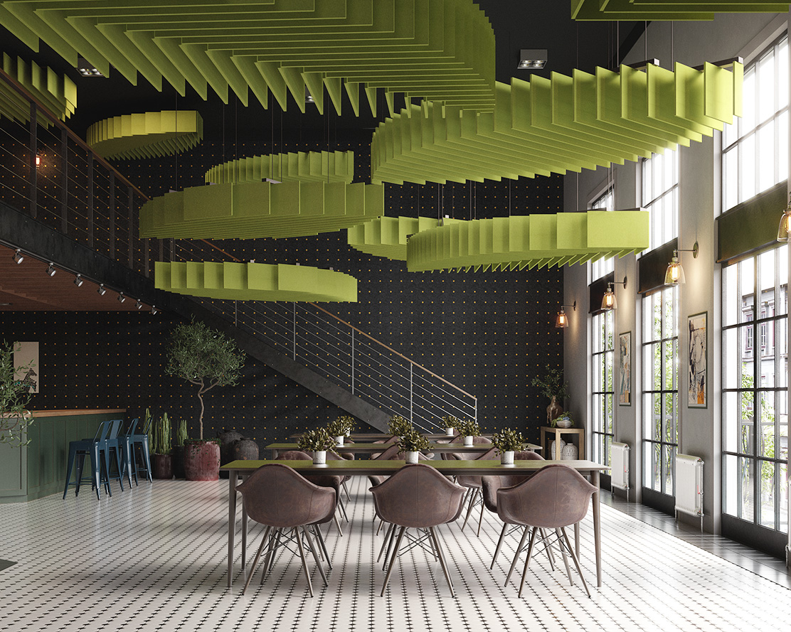A modern dining area with large windows, green layered ceiling panels, and a mix of hanging lamps. The room features black and white checkered flooring, brown chairs, and a large table. Potted plants and an acoustic felt wall panel by the staircase to an upper floor add charm to the background.