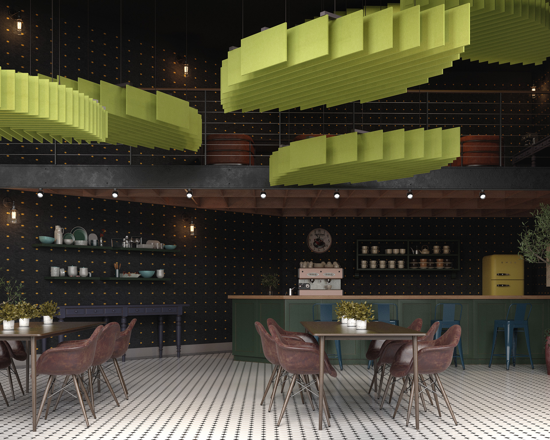 A modern café with a monochrome tiled floor, wooden tables, and cushioned leather chairs. The counter area features a vintage espresso machine and various kitchenware. Green acoustic felt wall panels hang from the ceiling, and plants are placed on tables and shelves.