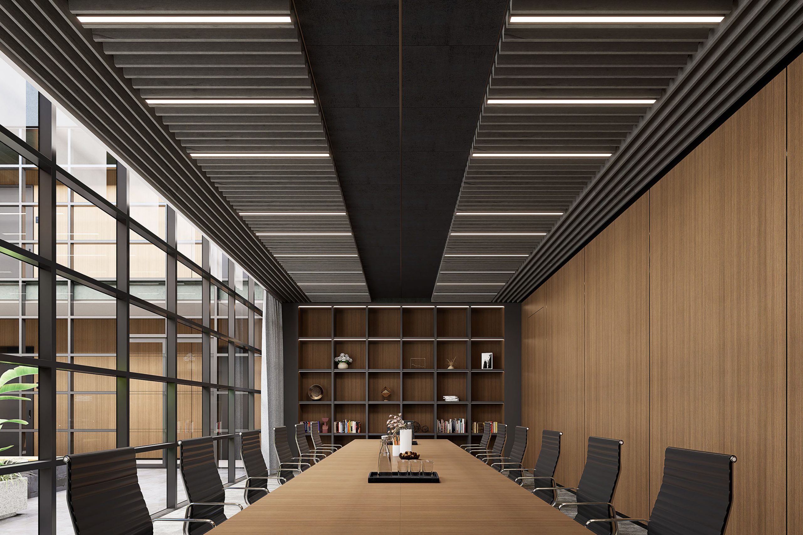 A modern conference room with a long wooden table surrounded by black leather chairs. The room features a ceiling with an acoustic felt ceiling frame and parallel lines of lights, large floor-to-ceiling windows on one side, and wooden shelves with decorative items on the back wall.
