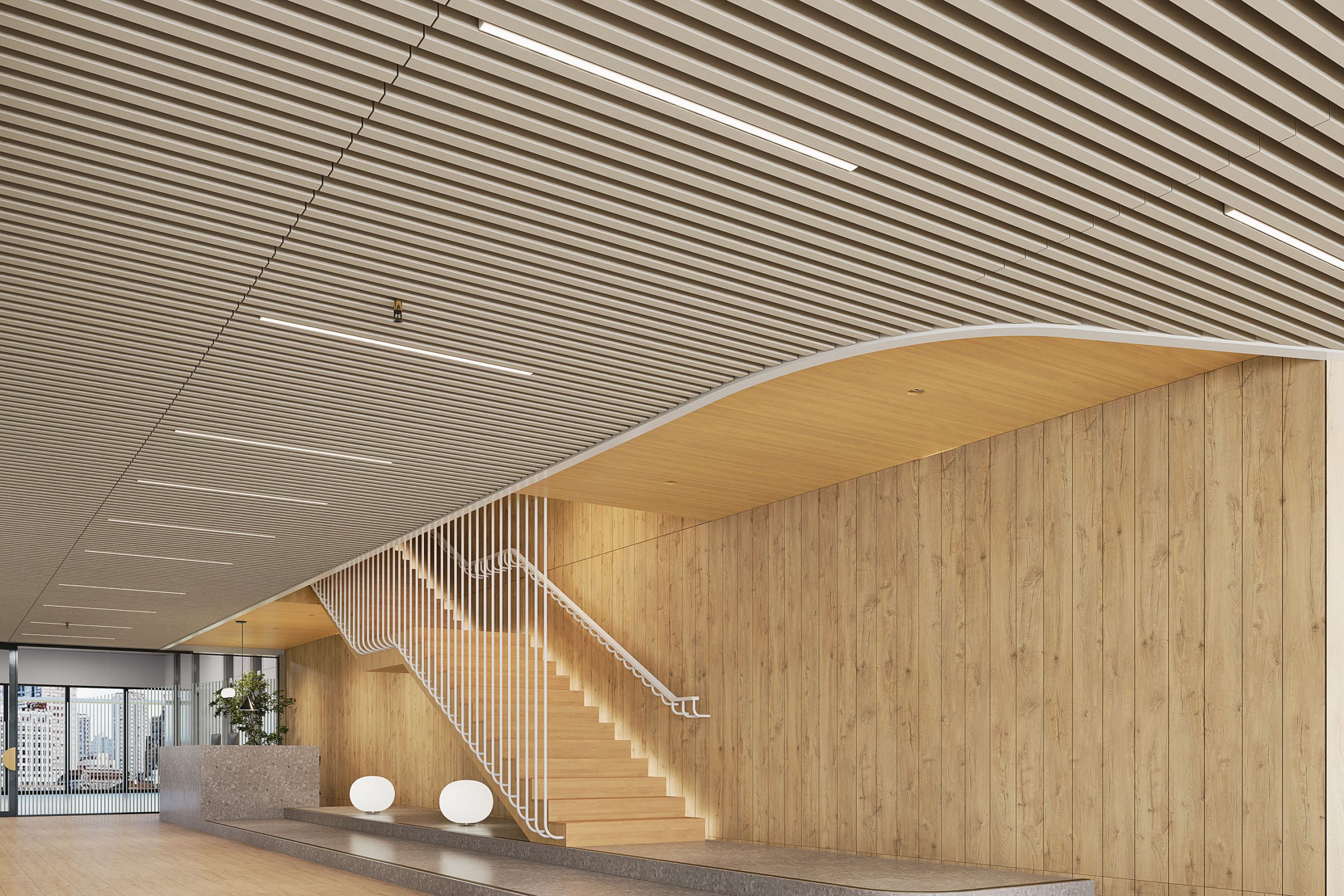 Modern interior featuring a wooden accent wall and acoustic slat ceiling frame. White staircase with minimalist railings leads to an elevated platform. Large windows in the background offer a view of the cityscape's distant ridge. Floor is polished, with decorative round lights near the stairs.