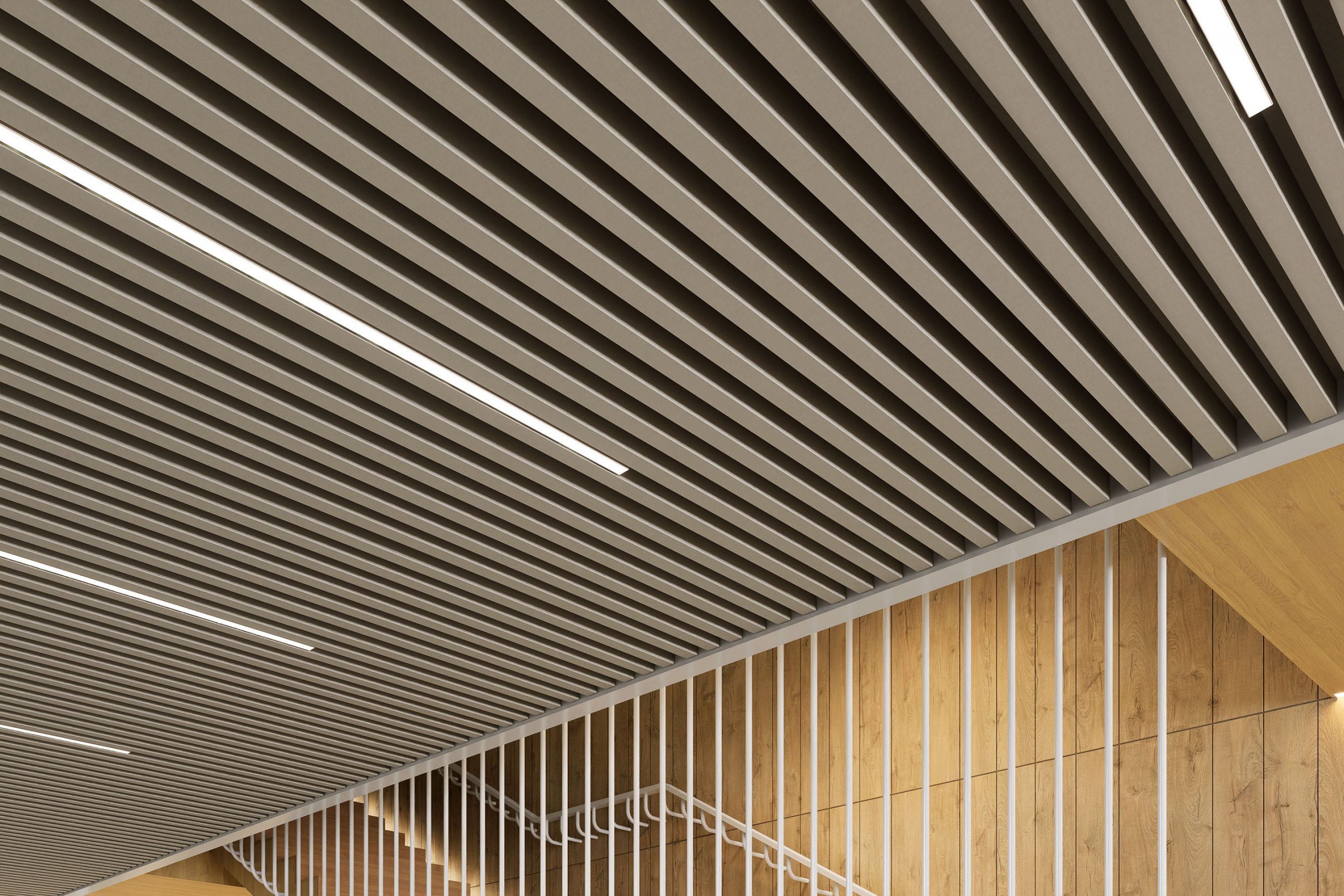 A modern ceiling with vertical acoustic slats interspersed with narrow, rectangular LED lights creates a striking ridge effect. Wooden paneling covers the wall below, featuring stairs with a sleek metal railing. The design results in a clean, contemporary aesthetic.