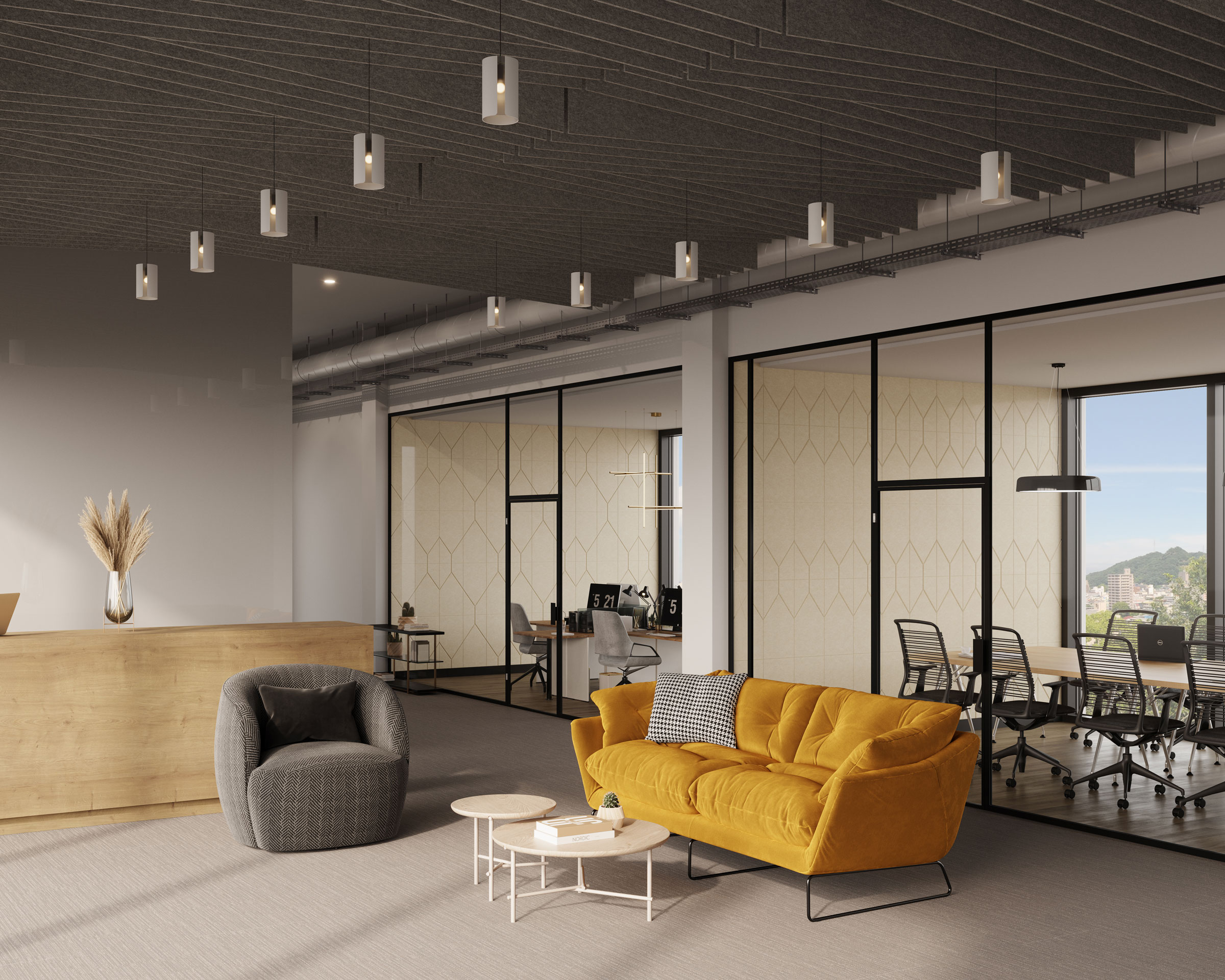 A modern office space features a mid-century style yellow sofa, a gray armchair, and nested circular coffee tables. A wooden reception desk is positioned on the left, with a glass-walled conference room visible in the background. Pendant lights hang from the ceiling alongside wing acoustic ceiling baffles.