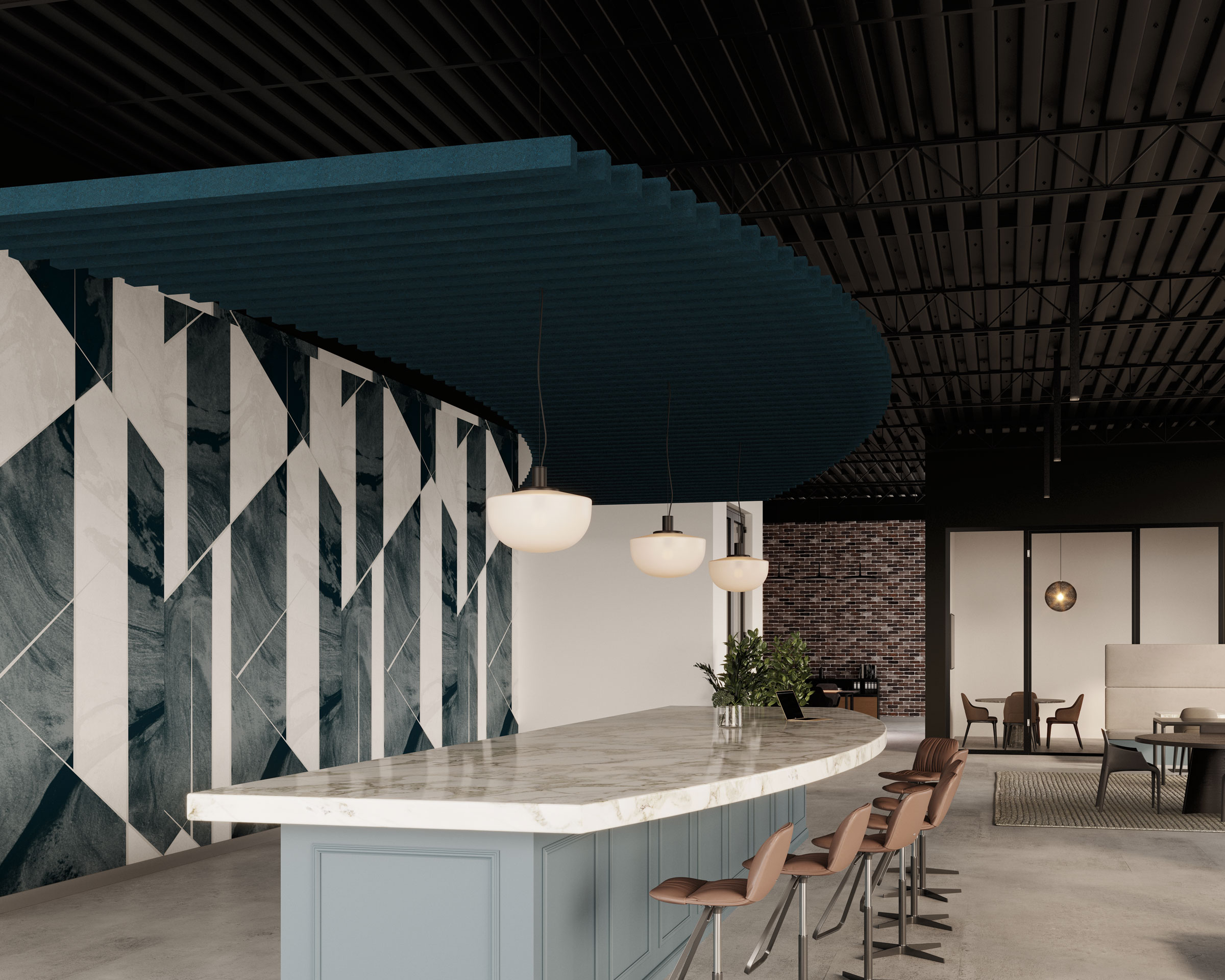 Modern interior with a marble-topped counter surrounded by bar stools. The wall behind the counter features geometric patterned decor, and three pendant lights hang above. The background includes a dining area with tables and chairs under a sophisticated acoustic felt ceiling baffle system.