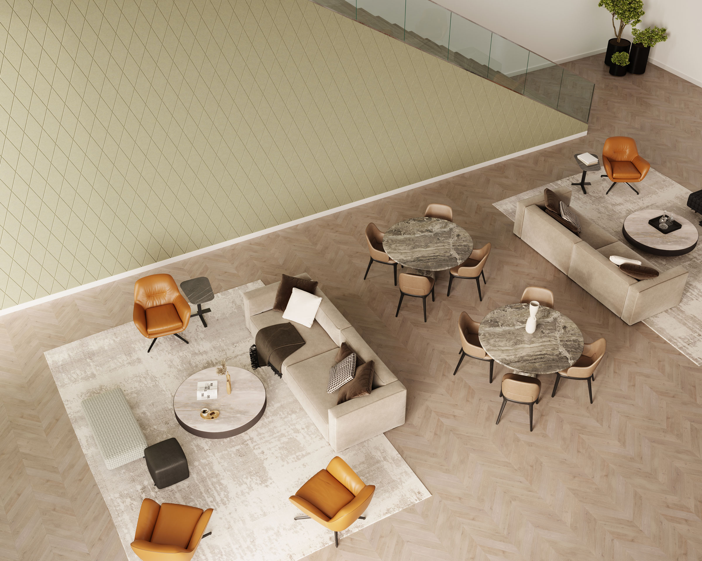 A modern living area with wooden herringbone flooring, featuring three circular marble-top tables with chairs, two beige sofas with assorted cushions, and a mix of armchairs. A light green, diamond-patterned accent wall adorned with acoustic felt wall panels and a glass railing can be seen in the background.