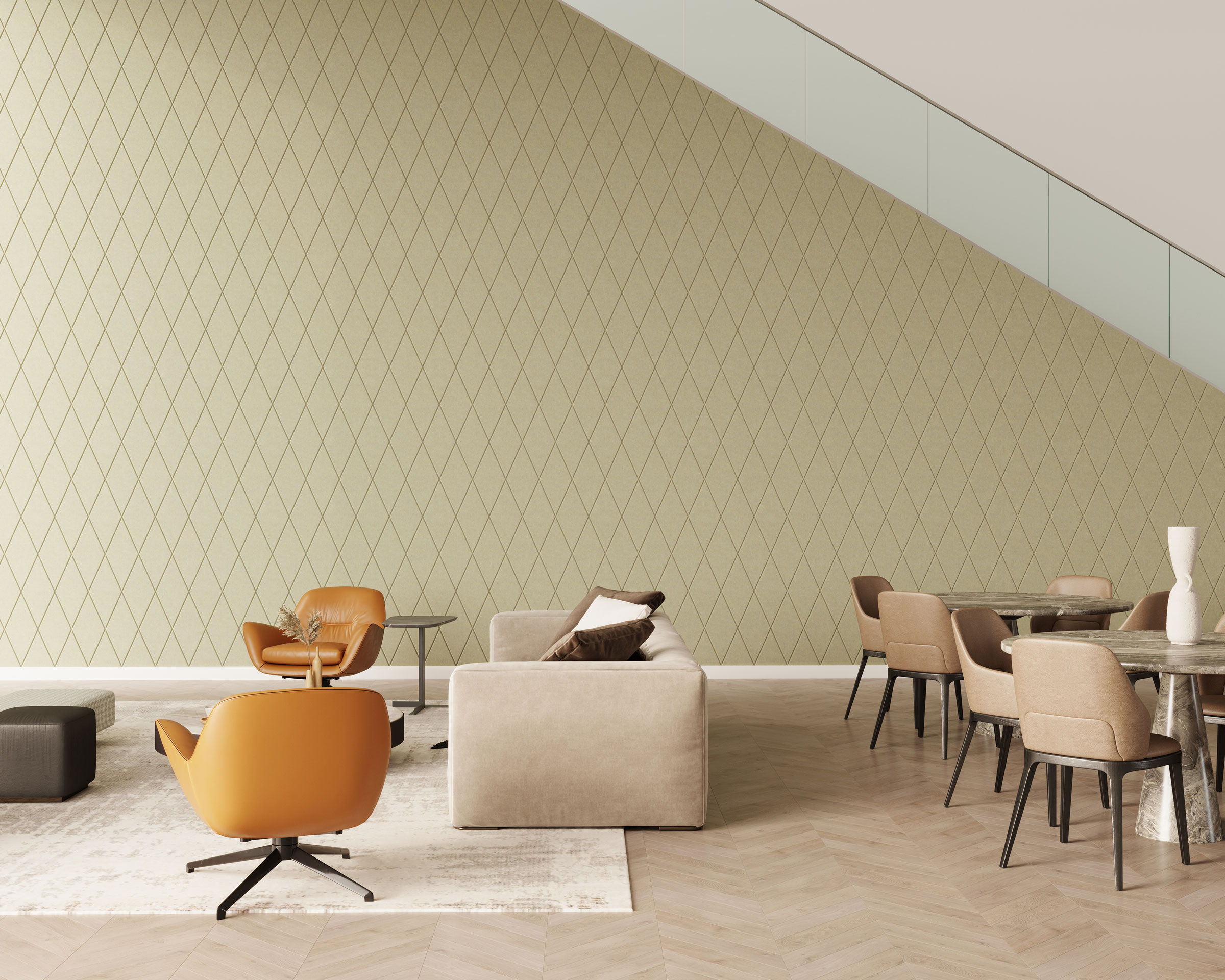 A modern, spacious living and dining area featuring light beige walls with a diamond acoustic felt wall panel. The room has a beige sofa, an orange armchair, a gray ottoman, a large area rug, and a dining table with six beige chairs. The ceiling boasts a sloped design with a glass panel.