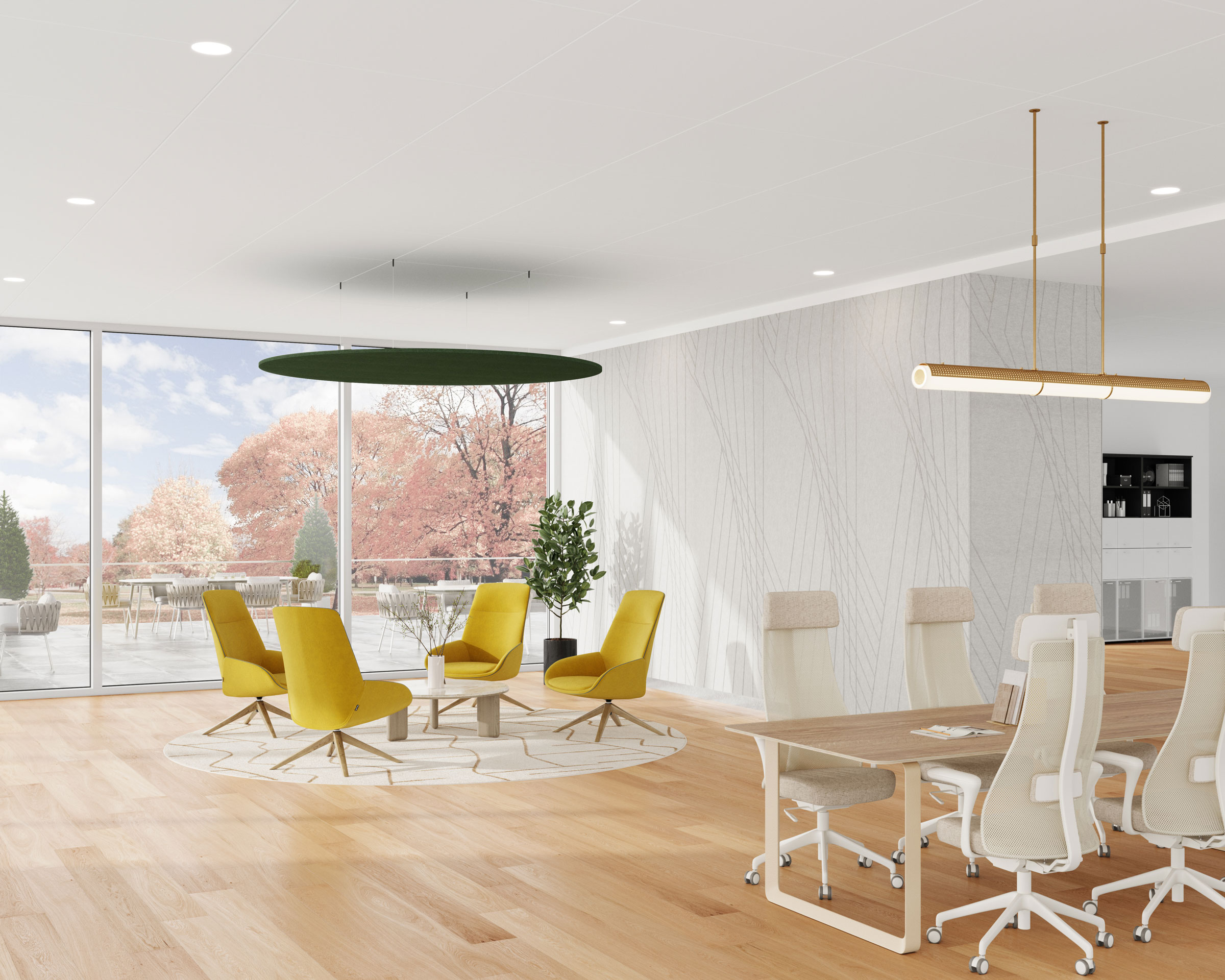 A modern office space with large floor-to-ceiling windows showing a scenic outdoor view. The room features wooden floors, a round table with yellow chairs, a long table with white chairs, acoustic felt wall panels for sound control, a potted plant, and contemporary light fixtures.
