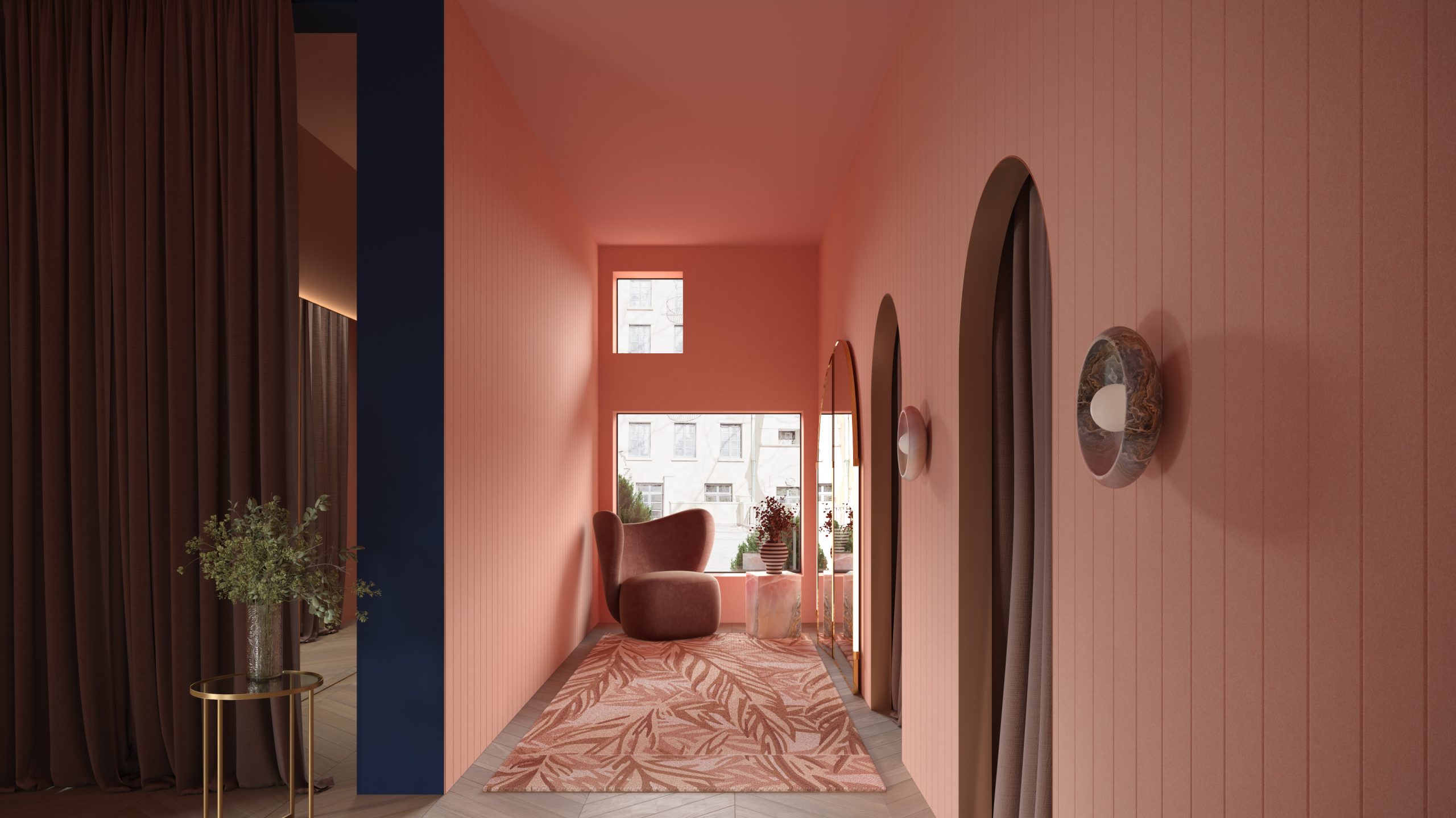A hallway with soft pink walls and ceiling, adorned with fineline acoustic felt wall panels. The space features a matching pink patterned rug, a cushioned pink chair, and potted plants by the window. Arched doorways with brown curtains line the wall, and a small round side table holds a potted plant.