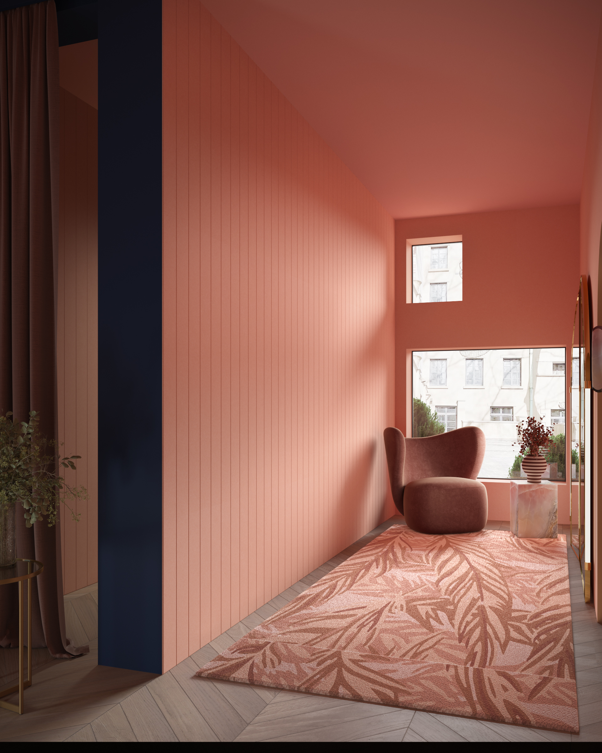 A modern, minimalist interior features a narrow hallway with coral-colored walls and ceiling enhanced by fineline acoustic felt wall panels. A patterned rug runs along the floor, leading to a large, plush accent chair near a window. The room is accented with a tall curtain and a vase with flowers on the far end.