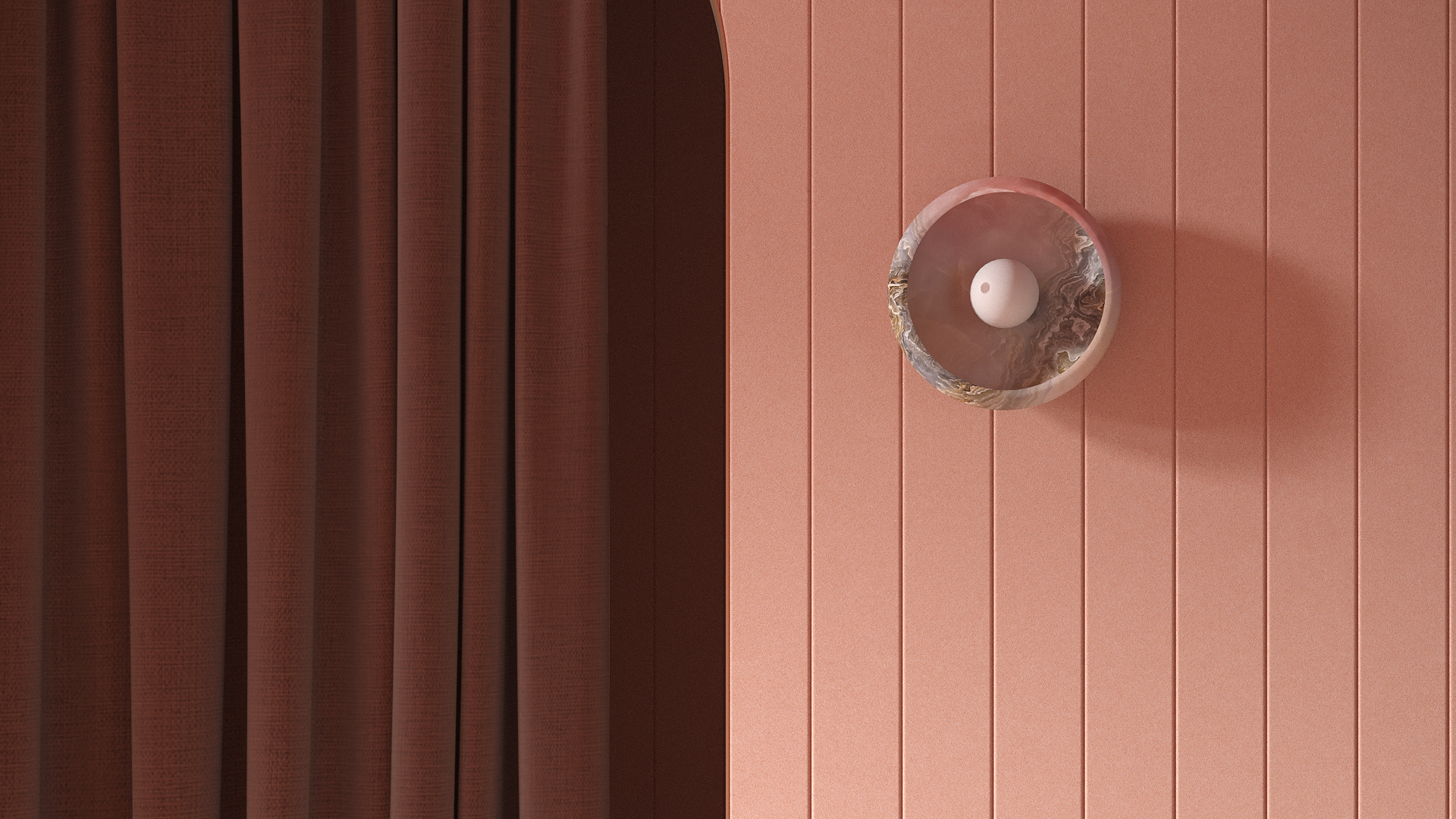 A pink-paneled wall featuring fineline acoustic felt wall panels and a round, semi-transparent sconce light fixture is shown. Rich brown curtains hang next to an archway on the left side, partly visible. The scene has a minimalist and modern aesthetic.