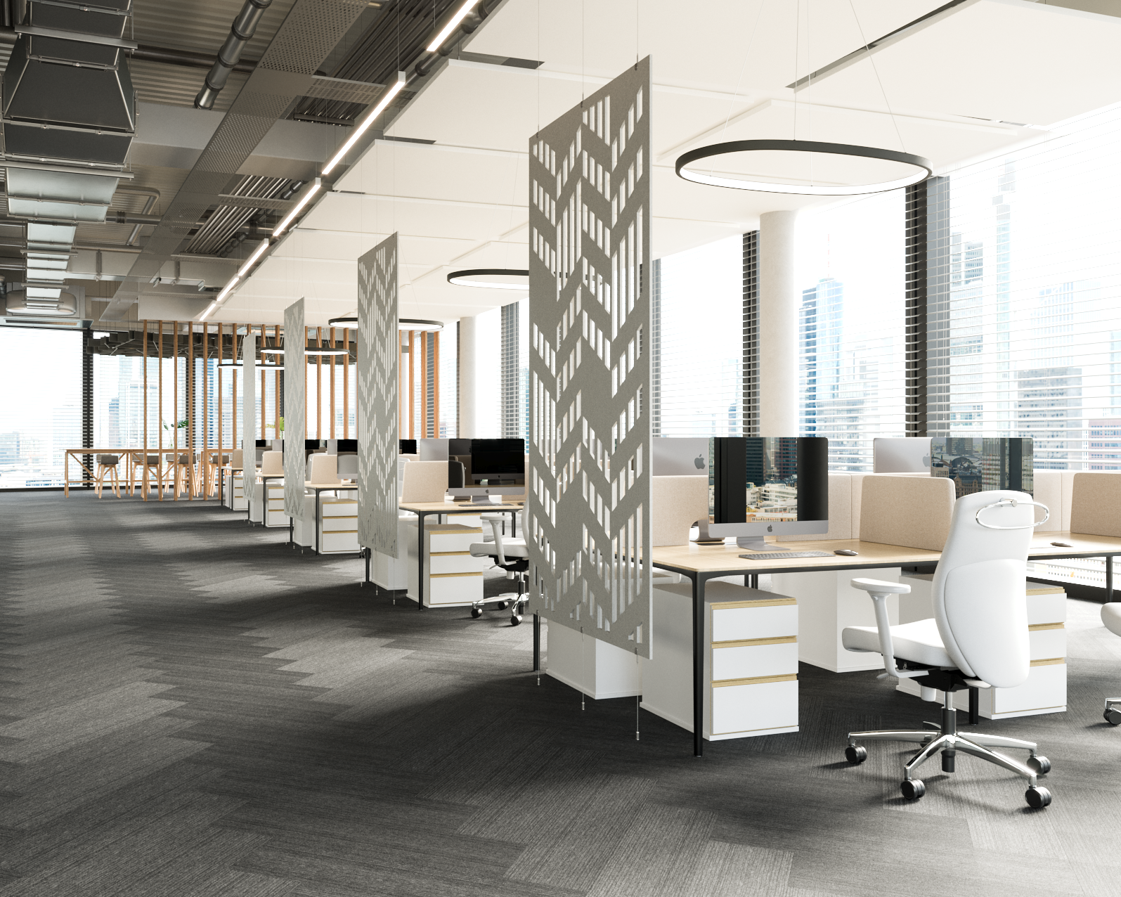 Modern open-plan office with large windows showcasing a city skyline. The space is divided by patterned partitions and equipped with sleek white desks, ergonomic chairs, and computer monitors. Rectangle acoustic felt ceiling clouds enhance the room’s brightness, creating a clean and organized atmosphere.