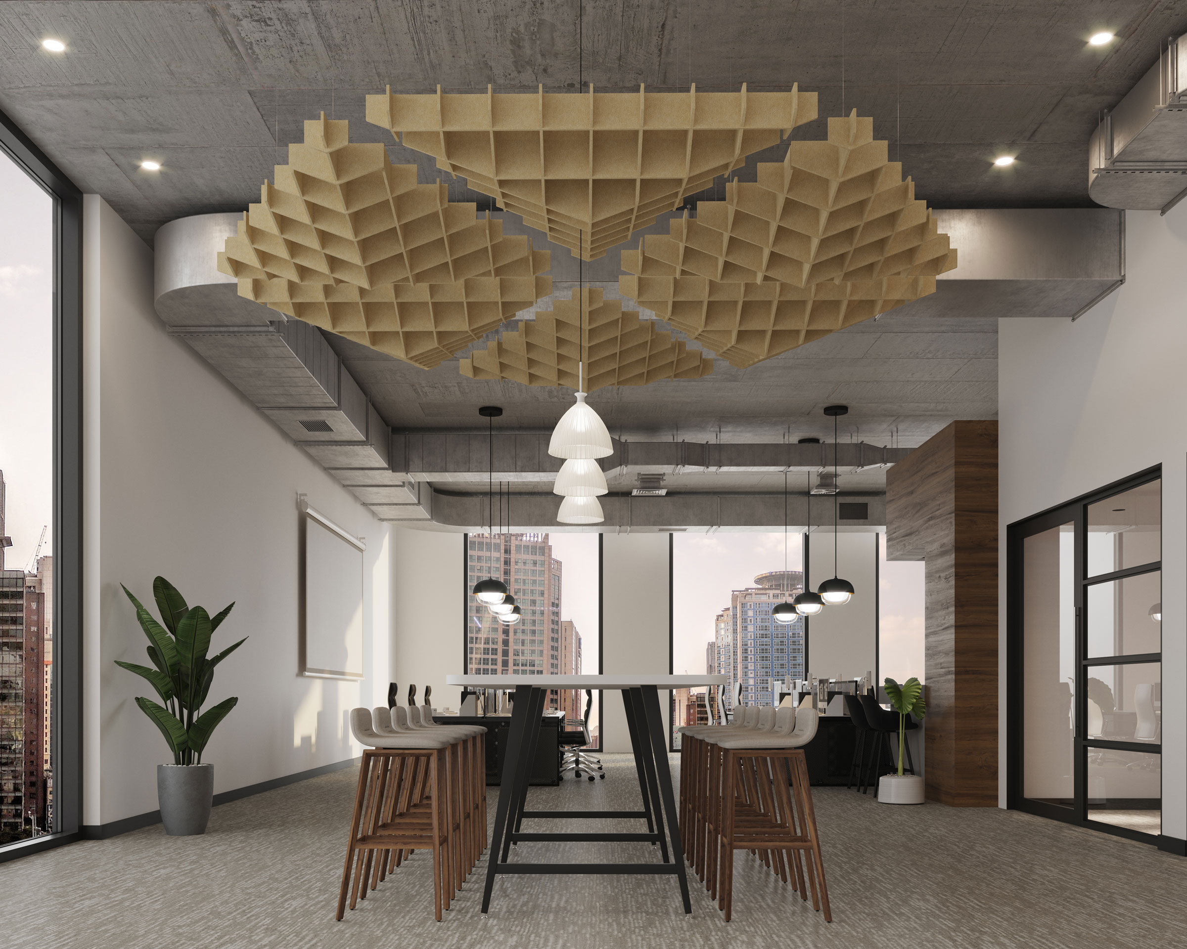 A modern conference room features a long table with several high chairs, suspended acoustic felt ceiling clouds, and large windows showcasing a cityscape. The space is decorated with minimalist furniture and indoor plants, complemented by acoustic felt ceiling clouds for enhanced sound quality.