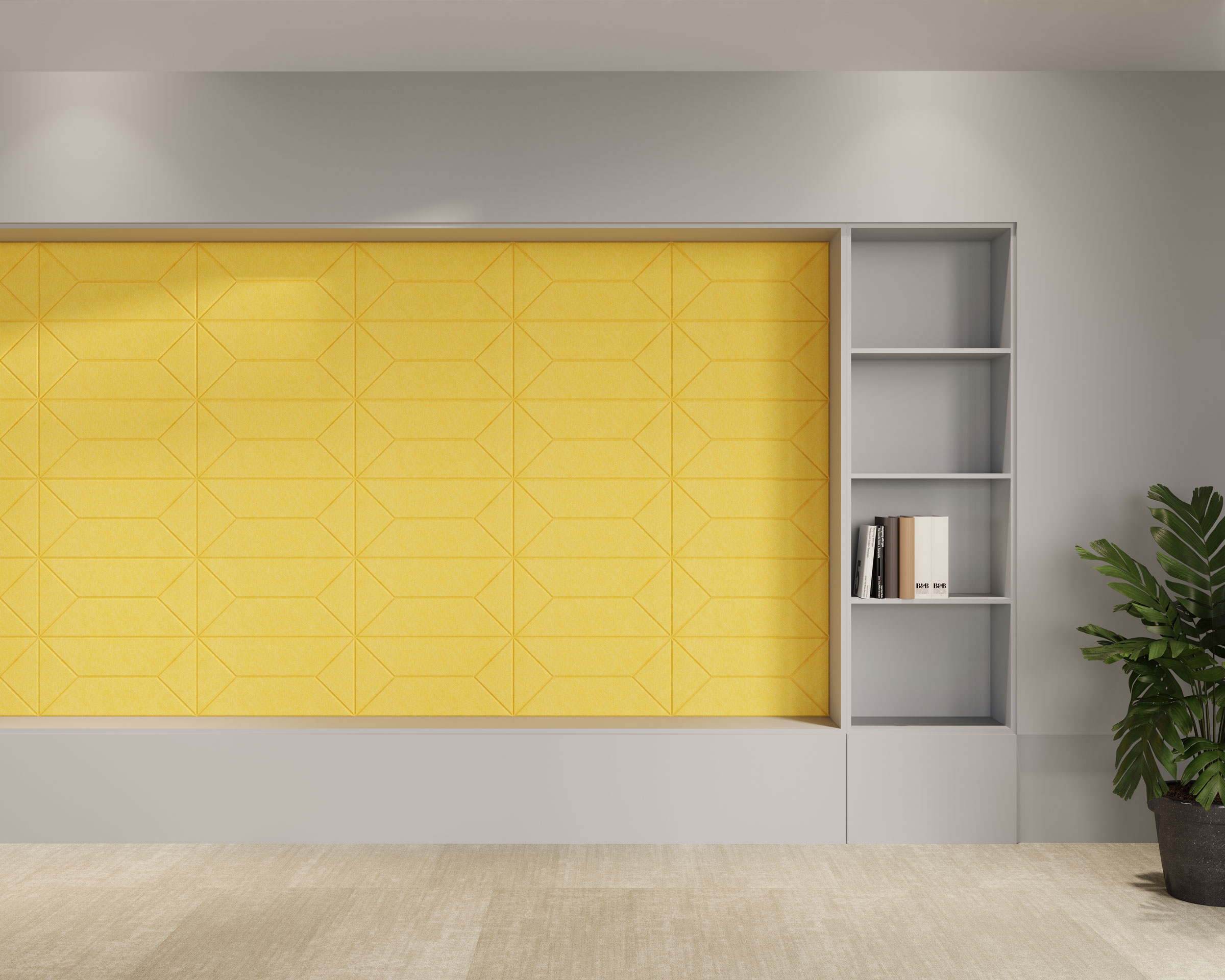 A modern interior with a geometric yellow accent wall framed by light gray built-in shelving units. The shelves contain a few books and decorative items. Acoustic felt wall tiles add texture to the design, while a potted plant on the right side of the room contributes a touch of greenery.