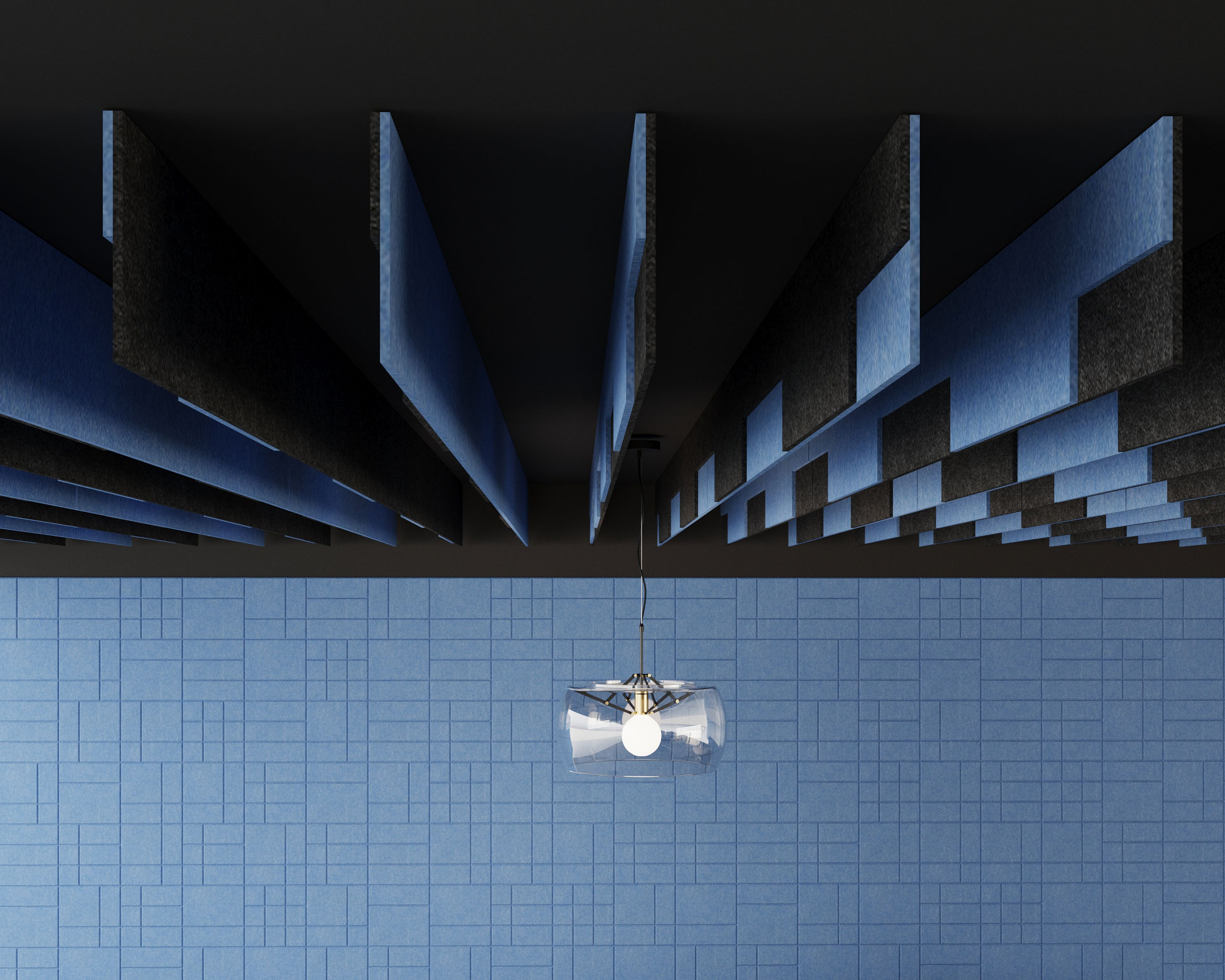 A modern interior featuring a blue wall with a geometric pattern and acoustic felt ceiling baffles in blue and gray, creating a visually striking design. The contemporary light fixture with a transparent shade and single bulb complements the acoustic felt ceiling baffles for enhanced sound quality.