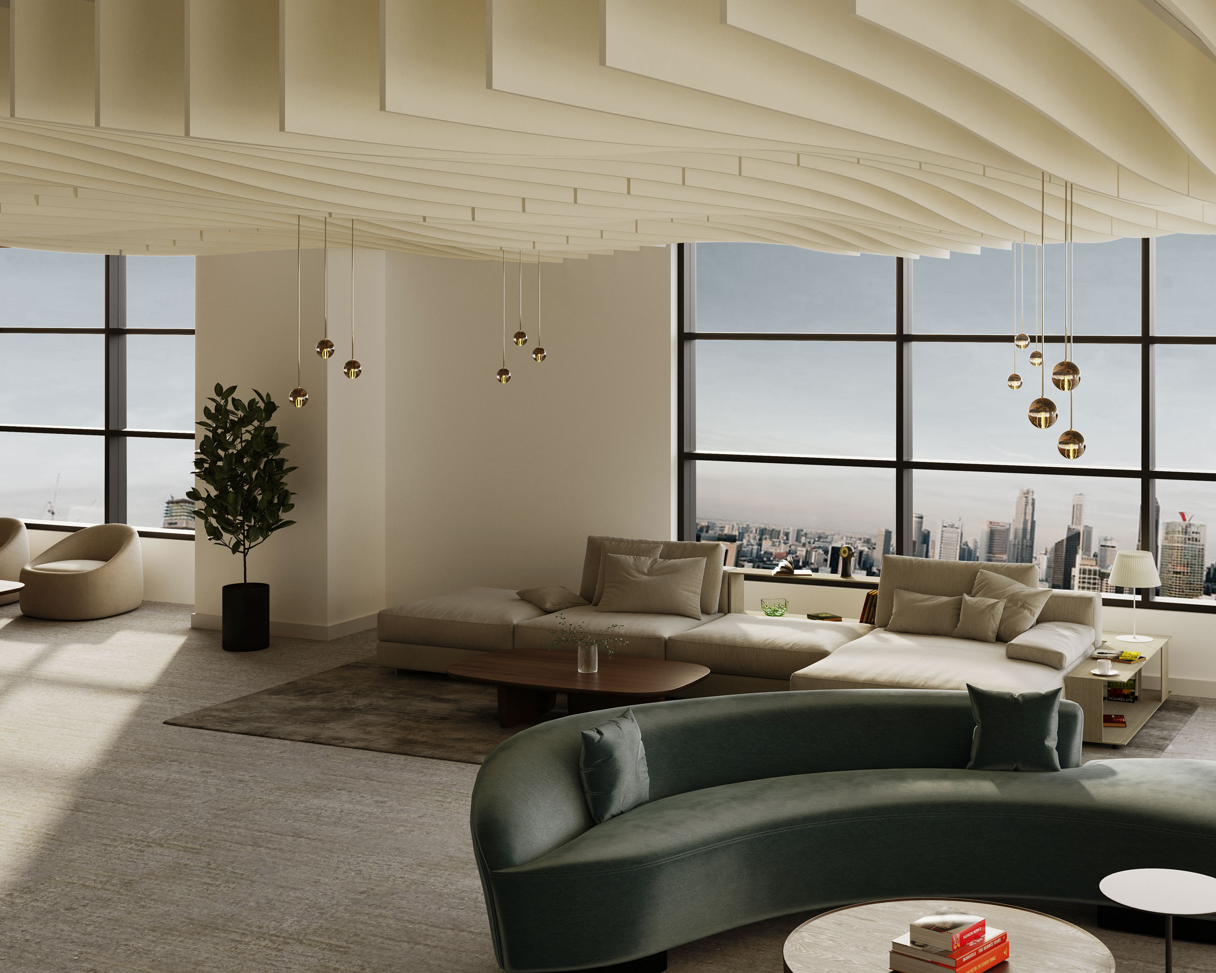 Modern living room with large windows offering a cityscape view. The room features an acoustic felt ceiling baffle with gold pendant lights, beige and green sofas, and a round wooden coffee table. A potted tree adds a touch of greenery to the serene space.