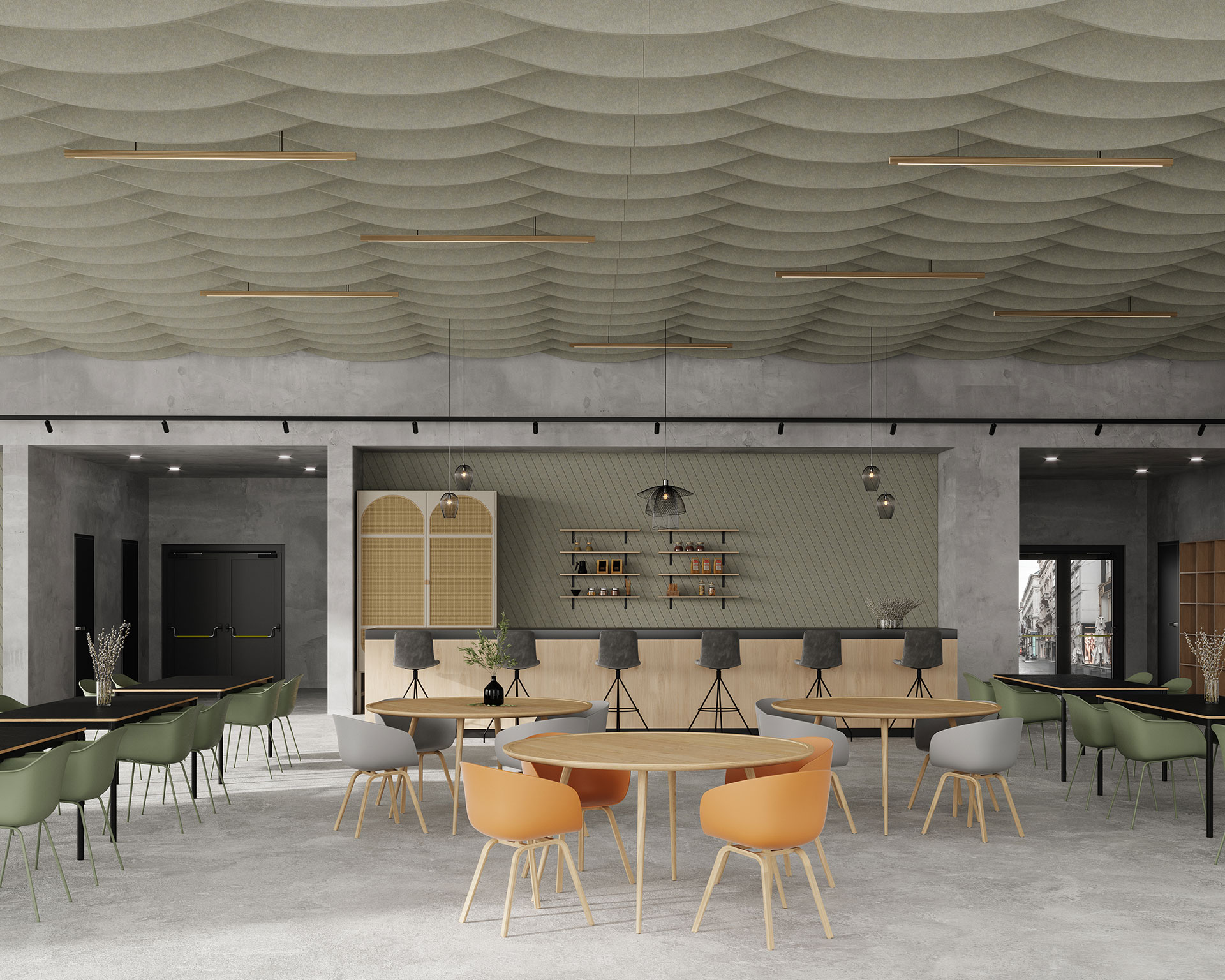 A modern café with minimalist design features a bar counter with stools, wooden tables, and green and orange chairs. The space boasts curved acoustic ceiling baffles, adding texture above the shelves stocked with bottles, while a decorative light fixture enhances the ambiance.
