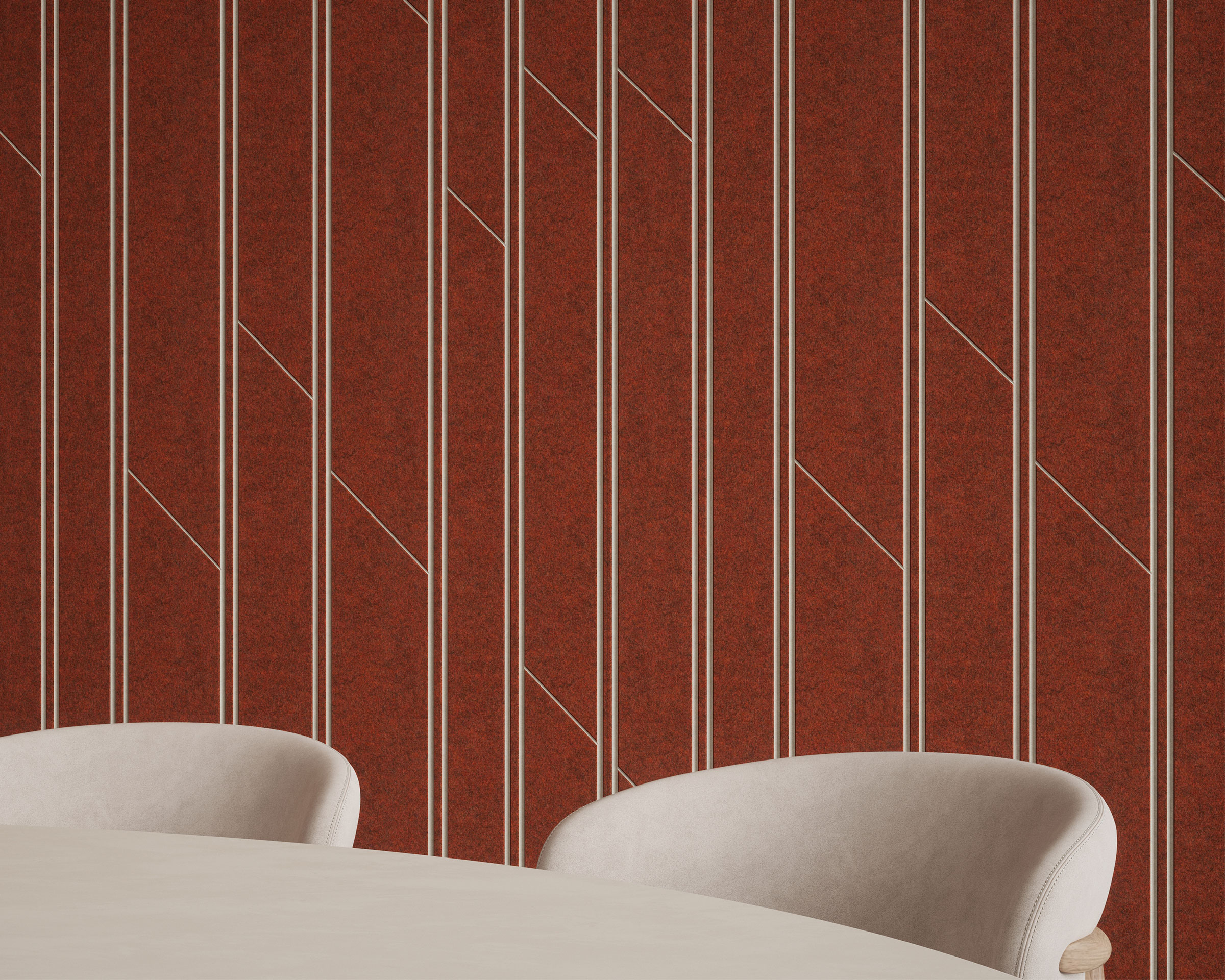 A modern room features a red acoustic felt wall panel that incorporates a geometric pattern of vertical beige lines and diagonal accents. In the foreground, two white, curved chairs are positioned around a round, white table. The overall design appears stylish and minimalistic.