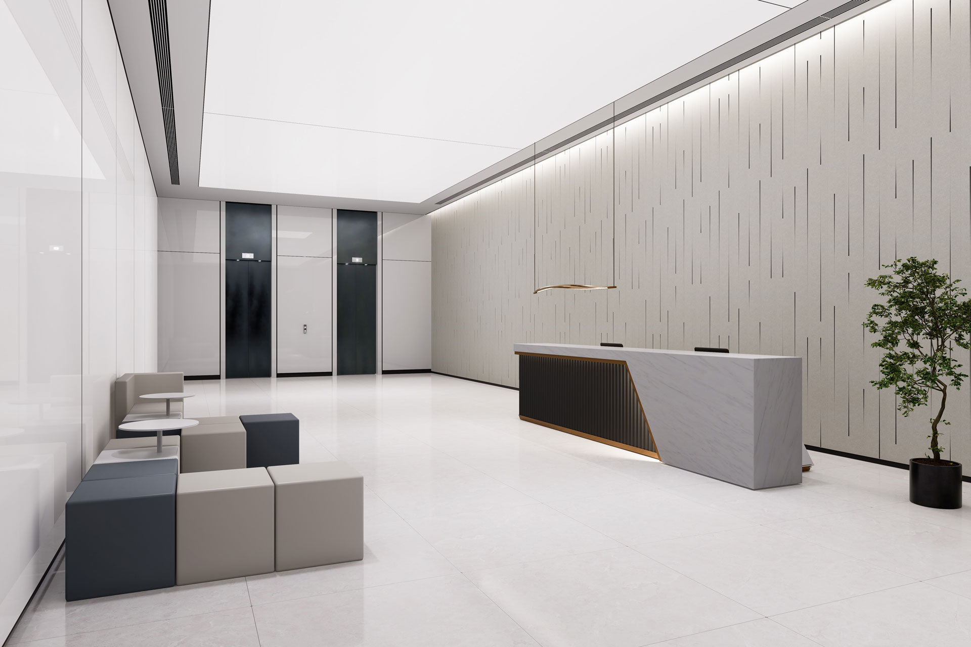 A modern, minimalistic office reception area with a sleek, white marble floor, a large grey front desk with subtle lighting underneath, patterned two-tone acoustic wall panels reminiscent of raindrops, cube-shaped seating on the left, and a potted plant on the right near a glass partition.
