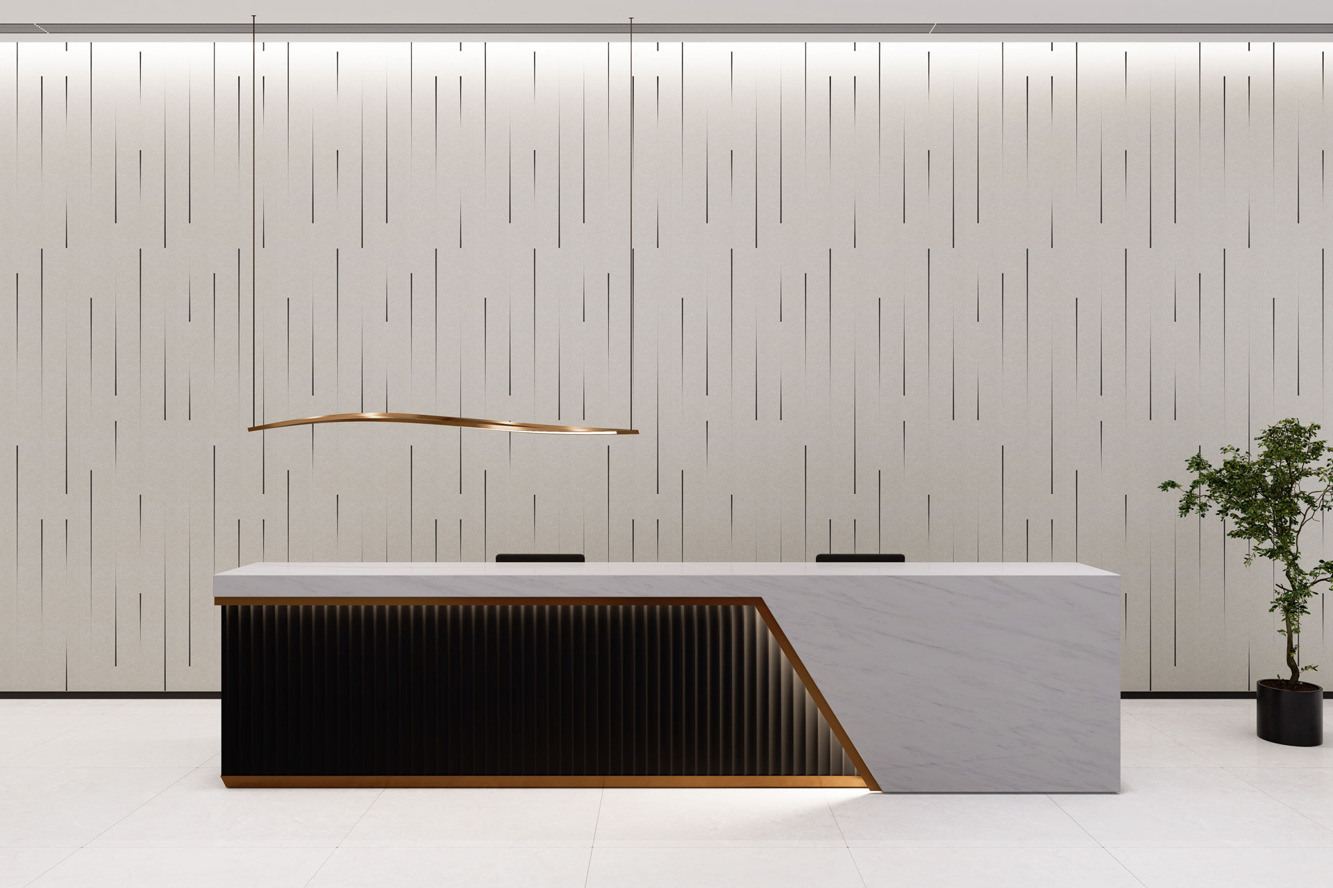 A modern reception area featuring a minimalist white marble desk with black and gold accents. Above the desk hangs a sleek, abstract gold light fixture resembling raindrops in mid-fall. The background acoustic wall is adorned with vertical raindrop patterns, and a potted plant decorates the right side of the scene.