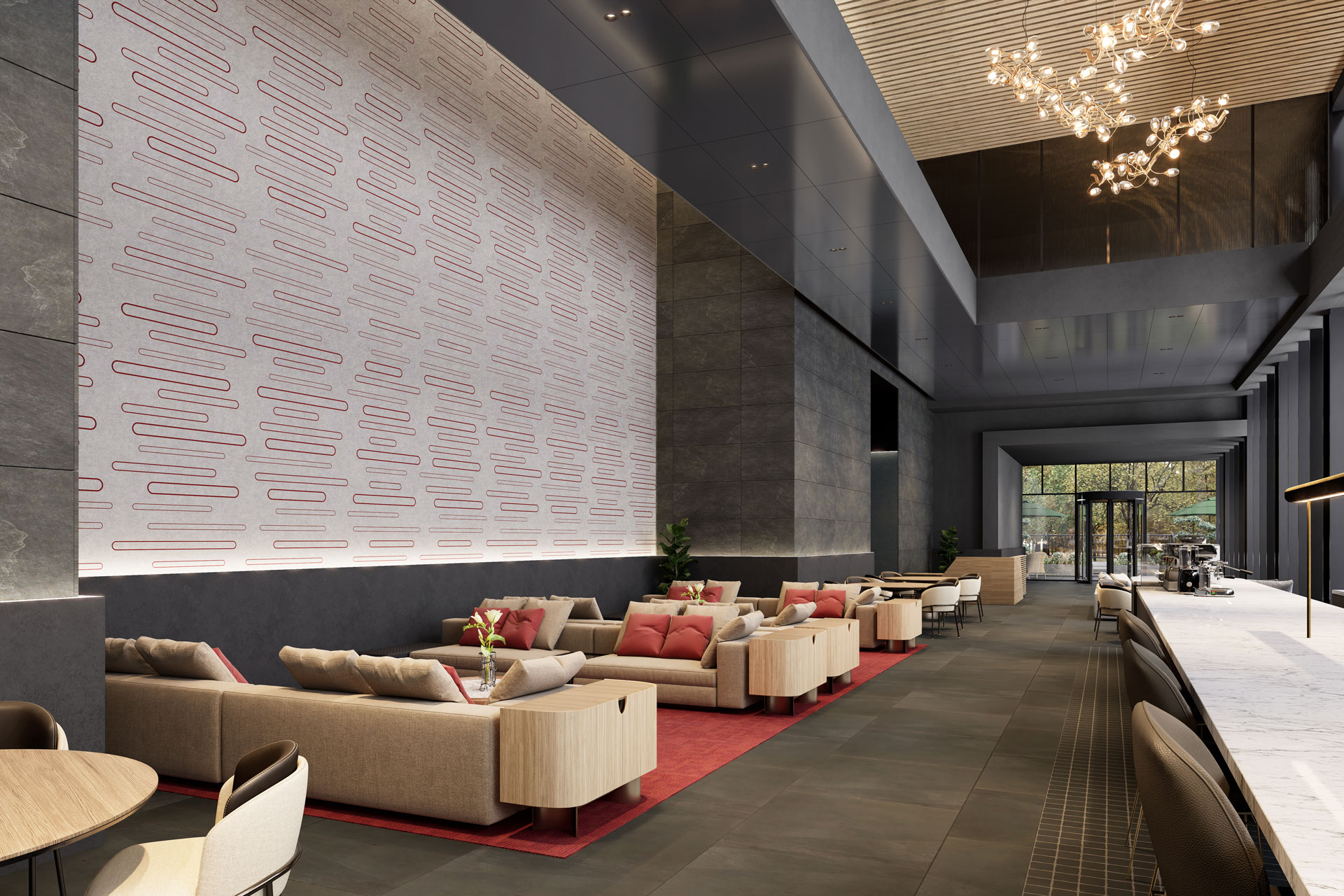 A modern hotel lobby featuring a high ceiling with contemporary chandeliers and a hint of vapor. The space includes beige sofas with red cushions, small wooden side tables, and a pattern accent acoustic felt wall. Large windows bring in natural light, illuminating the sleek and stylish interior.