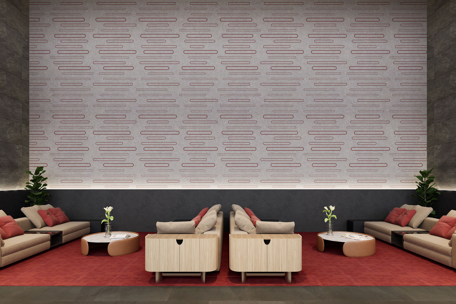 A modern lobby features symmetrical seating arrangements with beige sofas, accented by red cushions and low wooden tables bearing vases with white flowers. The area is decorated with a patterned acoustic felt wall and indoor plants against a red carpeted floor, creating a serene atmosphere like vapor drifting in the air.