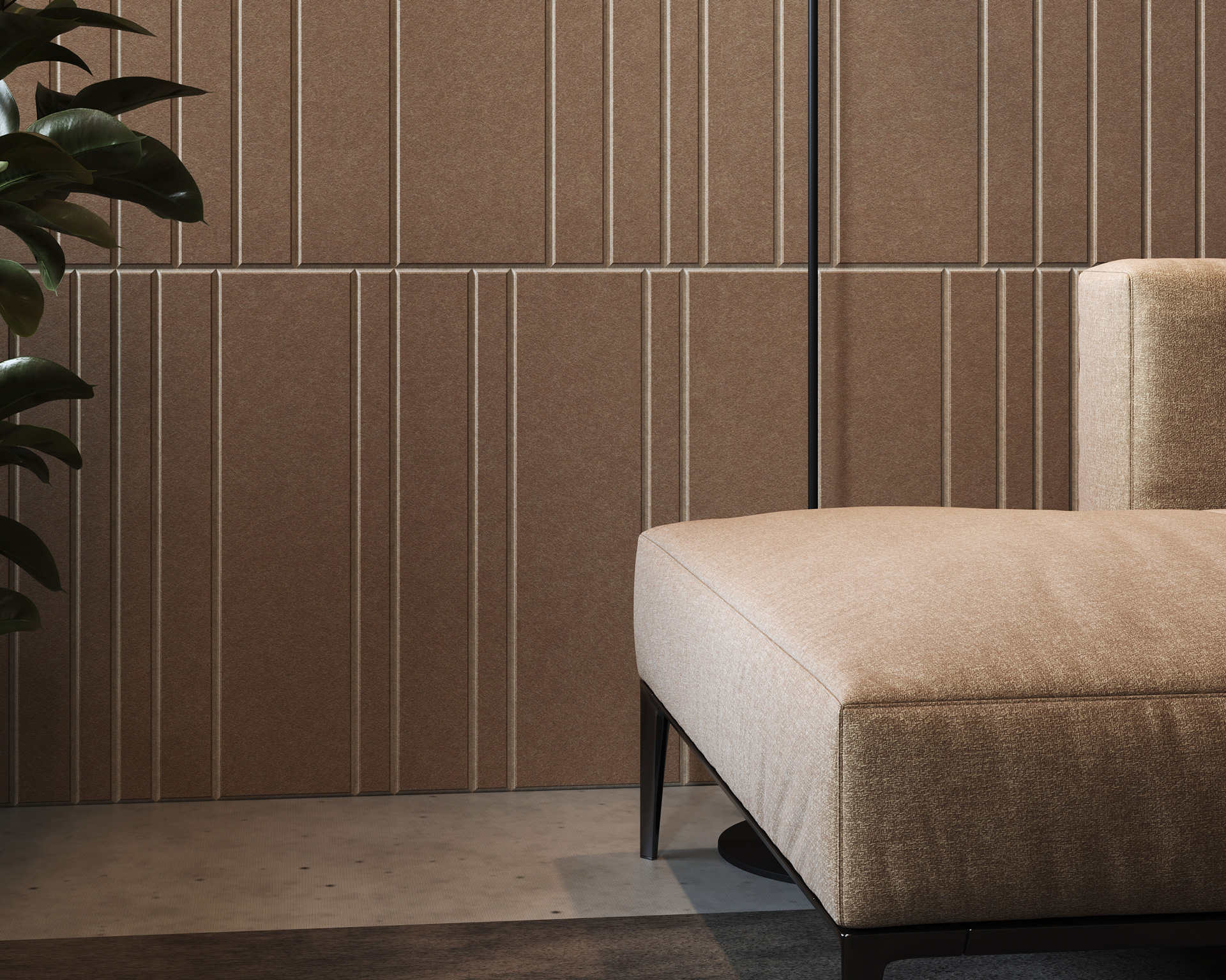 A modern interior with a beige upholstered bench next to a tall houseplant. The wall behind showcases an acoustic felt wall panel with a textured, vertical line pattern. The flooring consists of a mix of concrete and a dark rug. The scene is minimally decorated and features neutral colors.