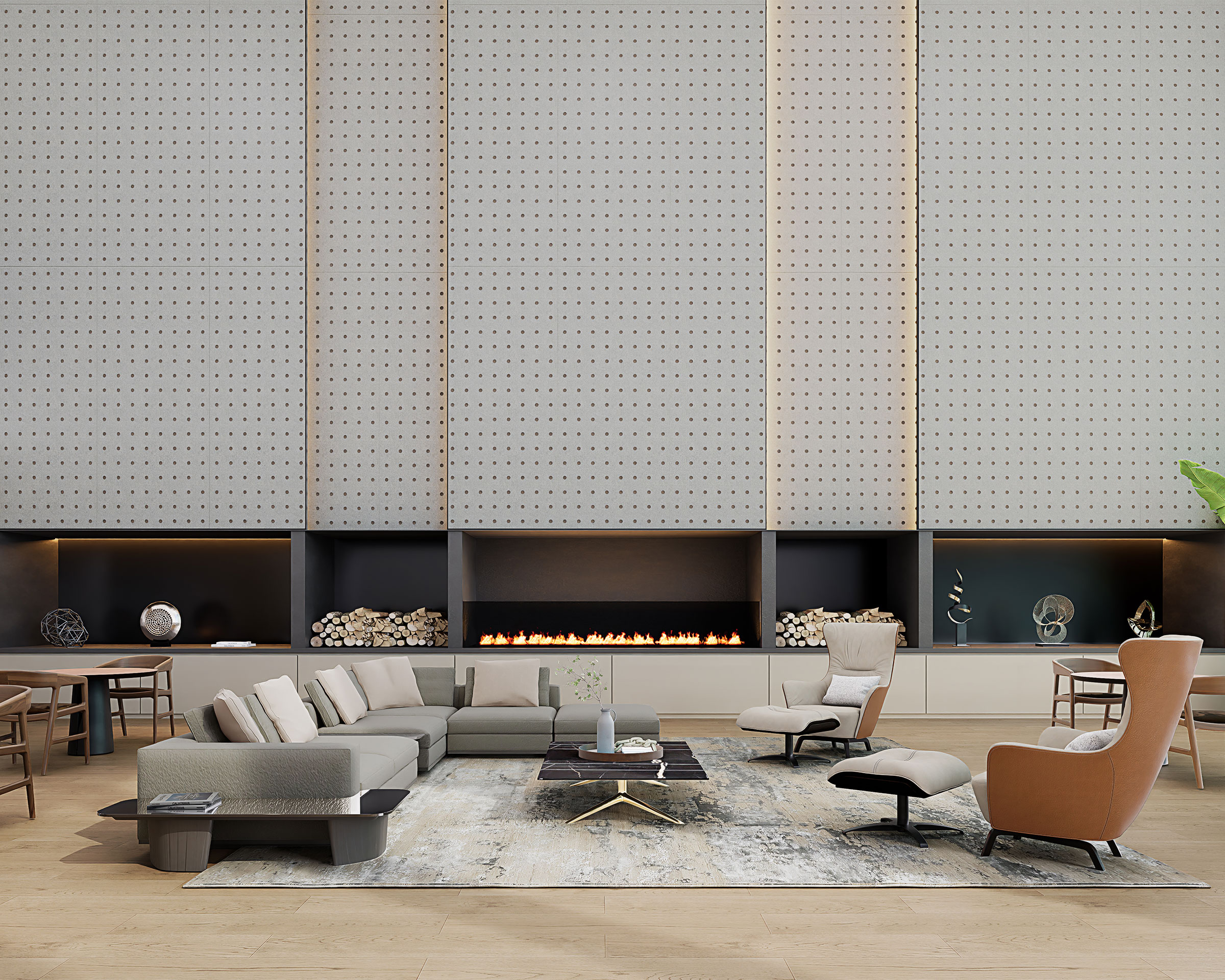 A modern living room features a large sectional sofa with a mix of beige and gray upholstery, several armchairs, a sleek rectangular coffee table, and a large, built-in fireplace below a high, patterned wall adorned with circle acoustic felt panels. The room is decorated with minimalist accents and artwork.