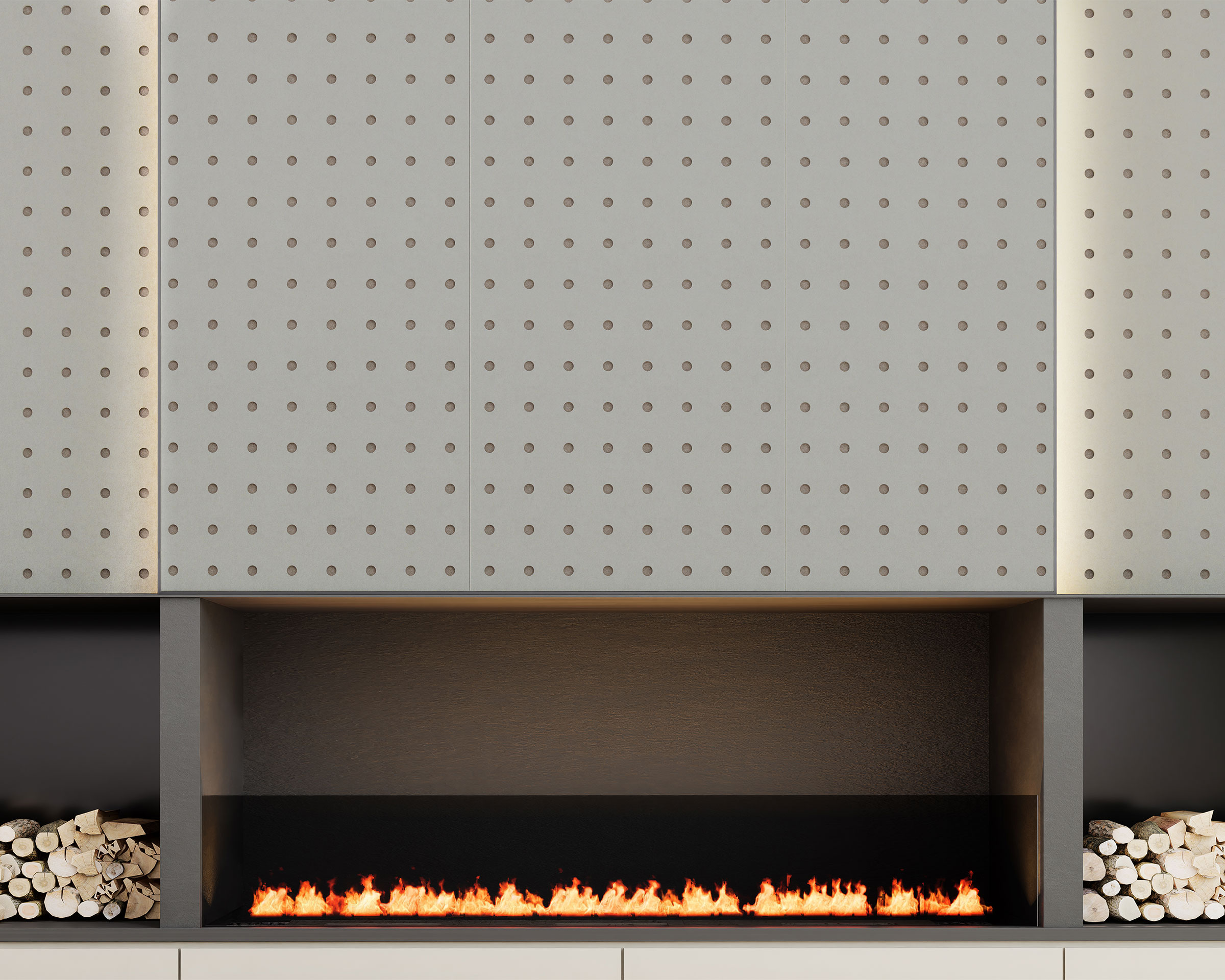 A modern fireplace with a wide, rectangular opening showcasing a long, horizontal line of flames. The surrounding wall features circle acoustic felt wall panels, with vertical storage areas on either side filled with neatly stacked firewood.