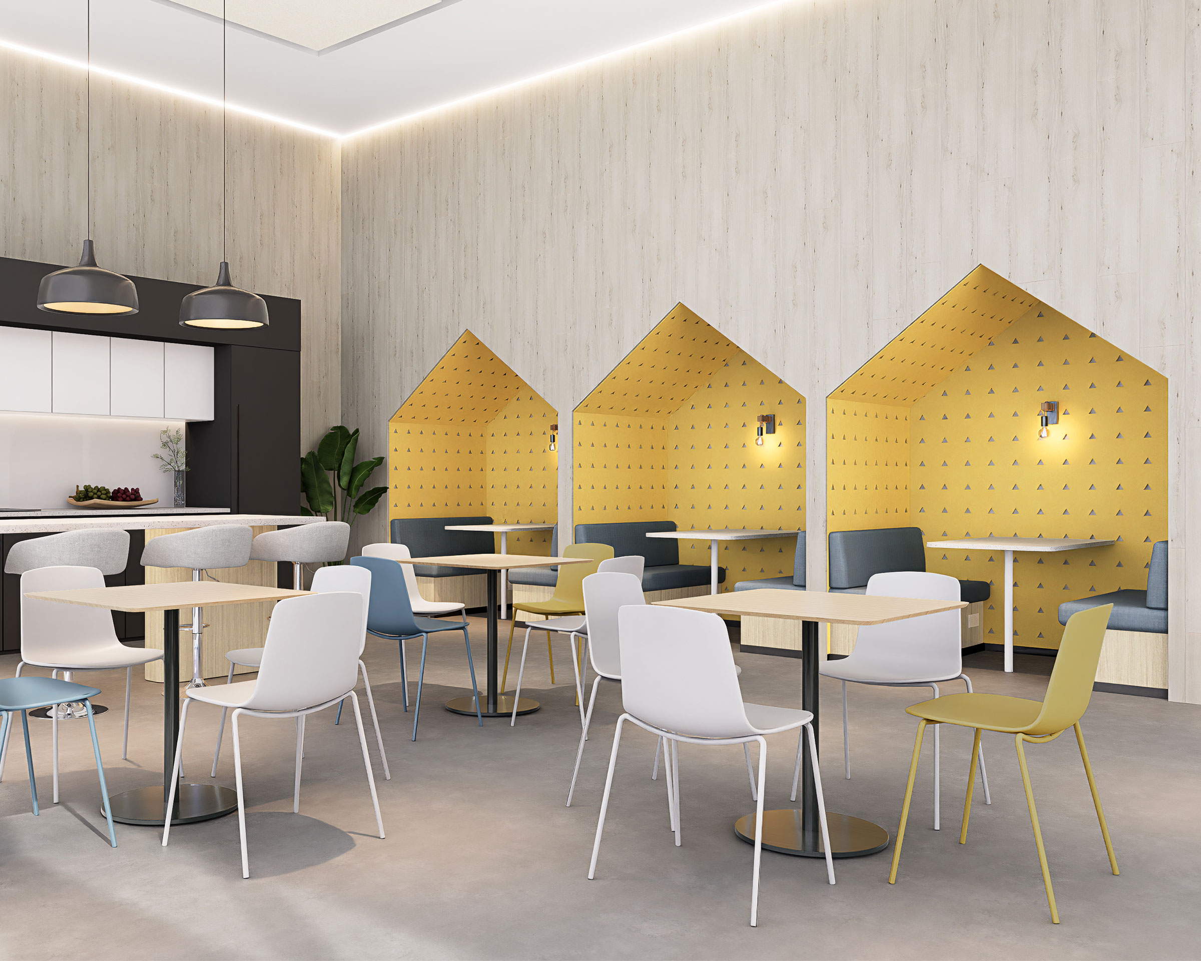 A modern cafeteria with wooden walls and a light grey floor, featuring tables and chairs in white, grey, and yellow. The back wall has three house-shaped seating booths with patterned yellow triangle acoustic felt wall panels, creating a cozy and vibrant atmosphere.