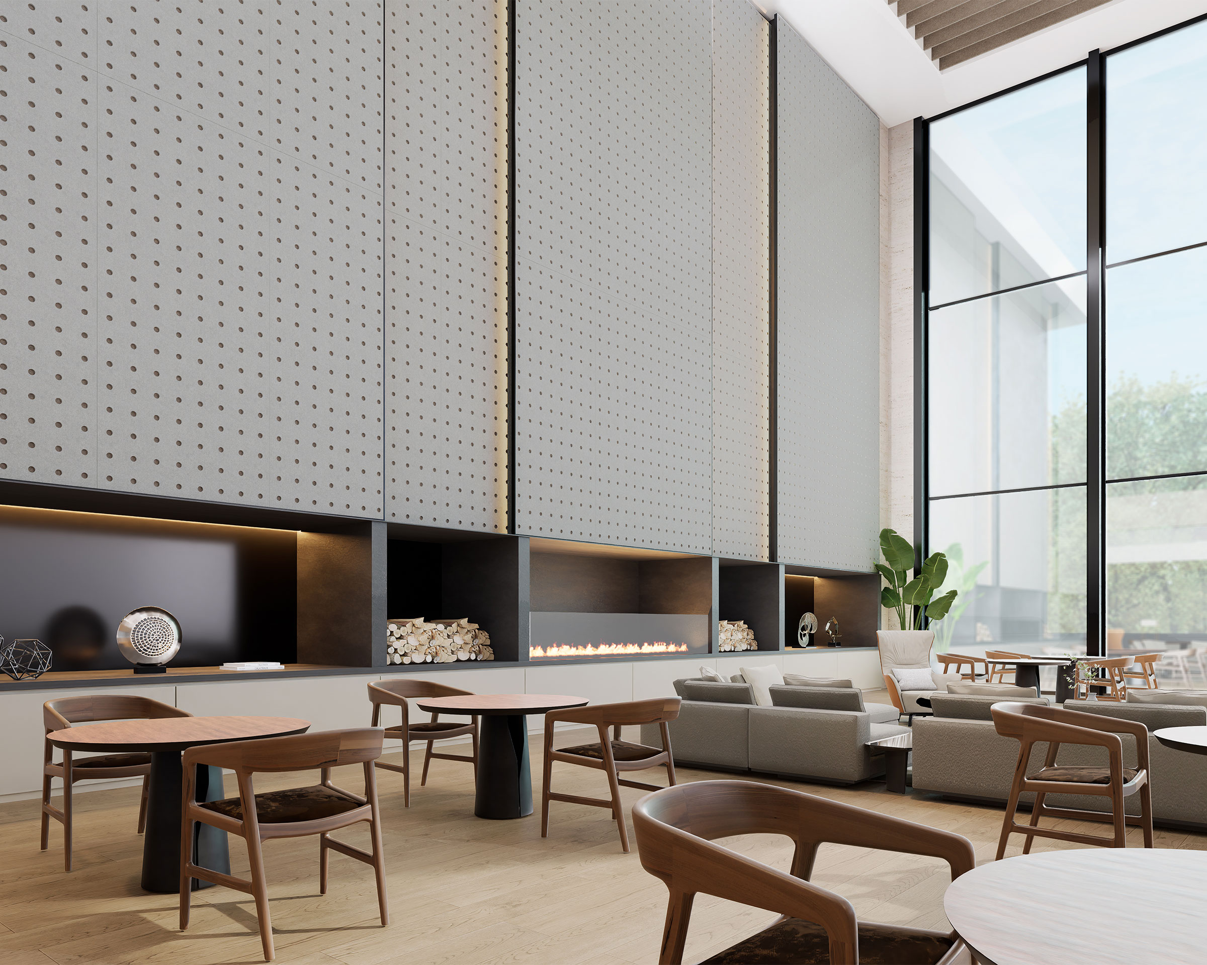 Modern lounge with a high ceiling, floor-to-ceiling windows, and minimalist decor. Features gray circle acoustic felt wall panels, wooden tables and chairs, a gas fireplace, light hardwood flooring, and potted plants. Natural light fills the space, creating a cozy ambiance.