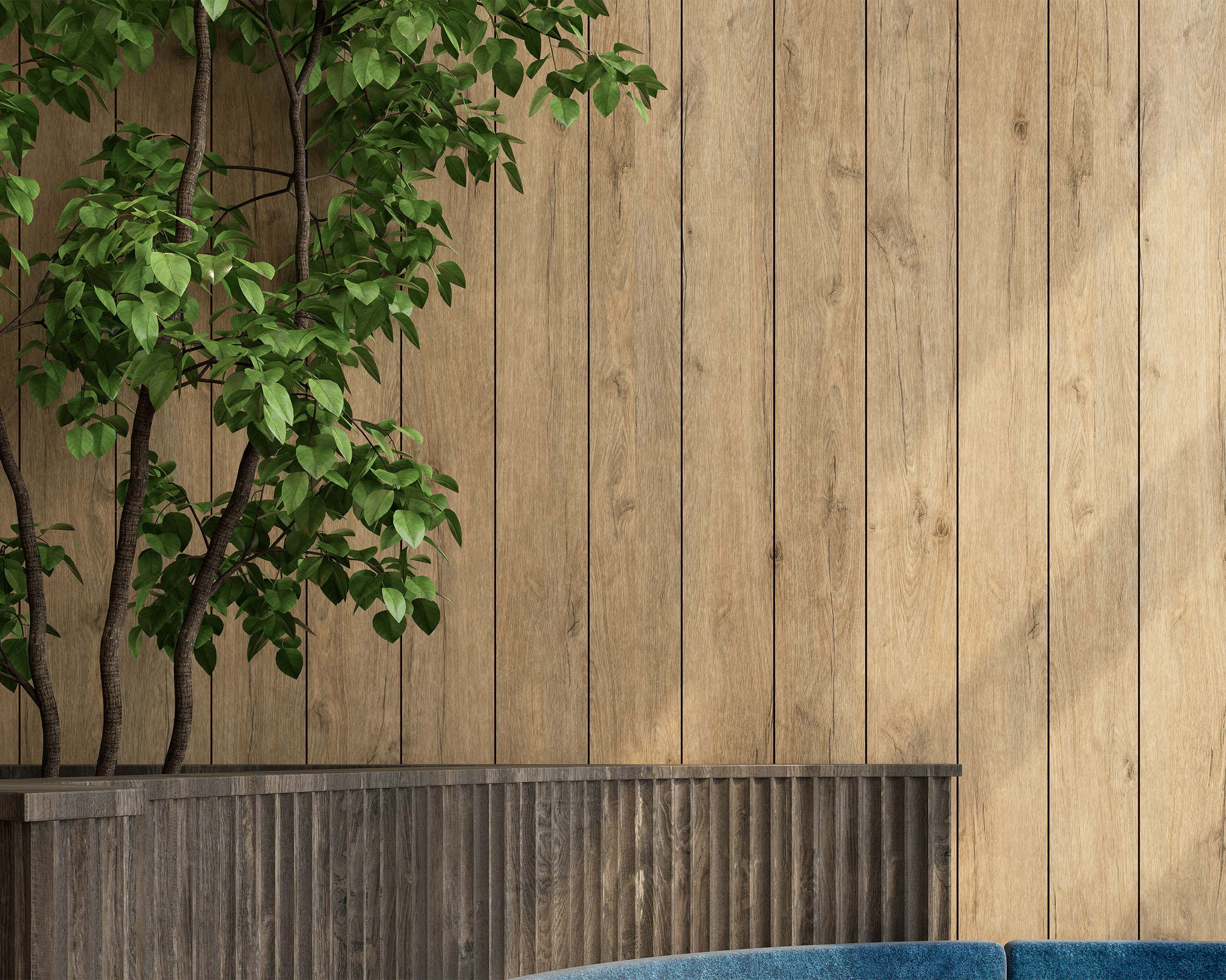 A room corner featuring a natural vertical grain and acoustic felt wall slats. A lush green indoor tree sits in a raised wooden planter box. The corner of a blue upholstered sofa is visible in the foreground, contrasting with the warm wood tones.