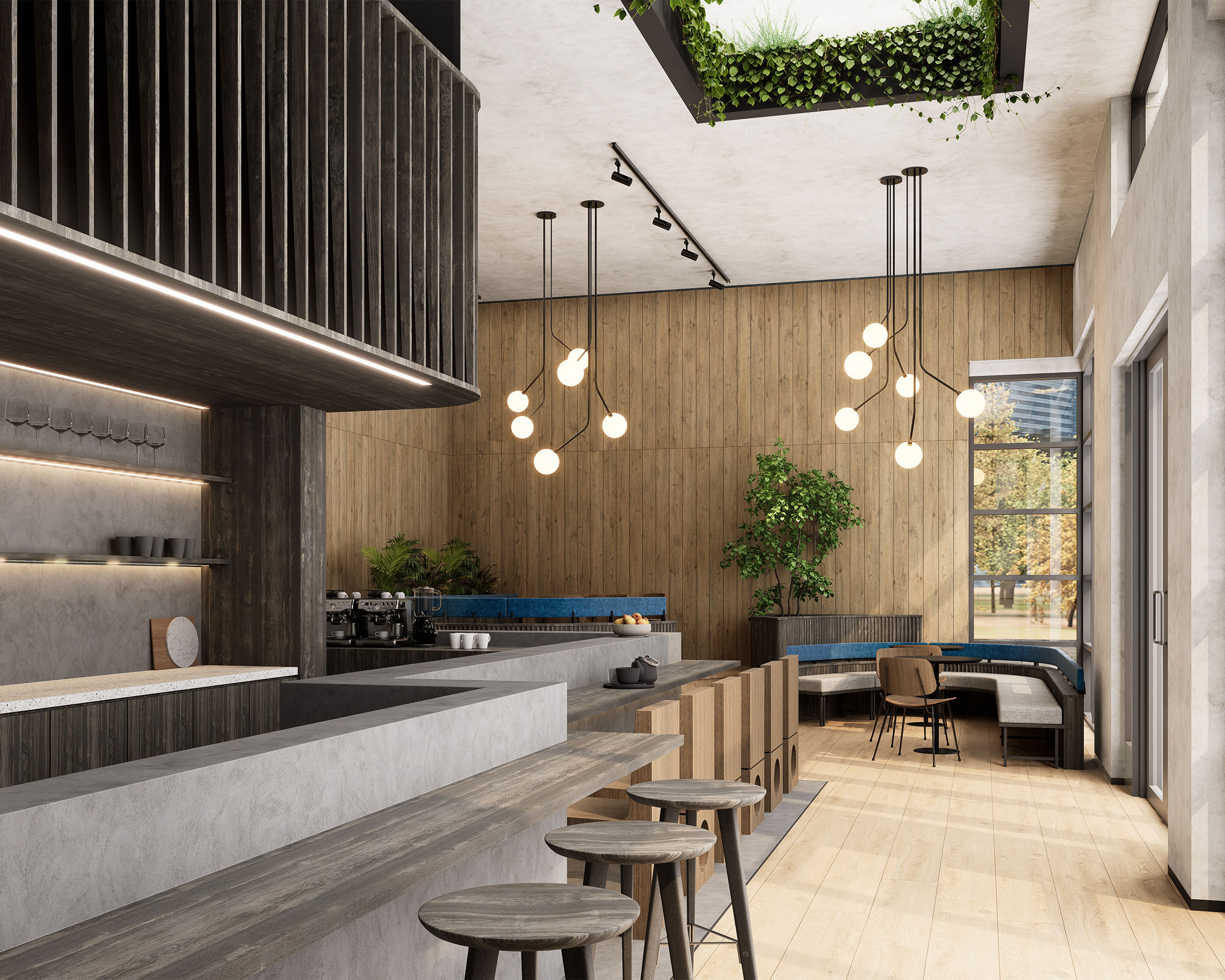 A modern café interior with wooden accents and large windows. There are high stools at a bar counter, pendant lights hanging from the ceiling, and a seating area with chairs and a bench. Green plants are placed around, including a skylight with greenery and acoustic felt wall slats for added comfort.