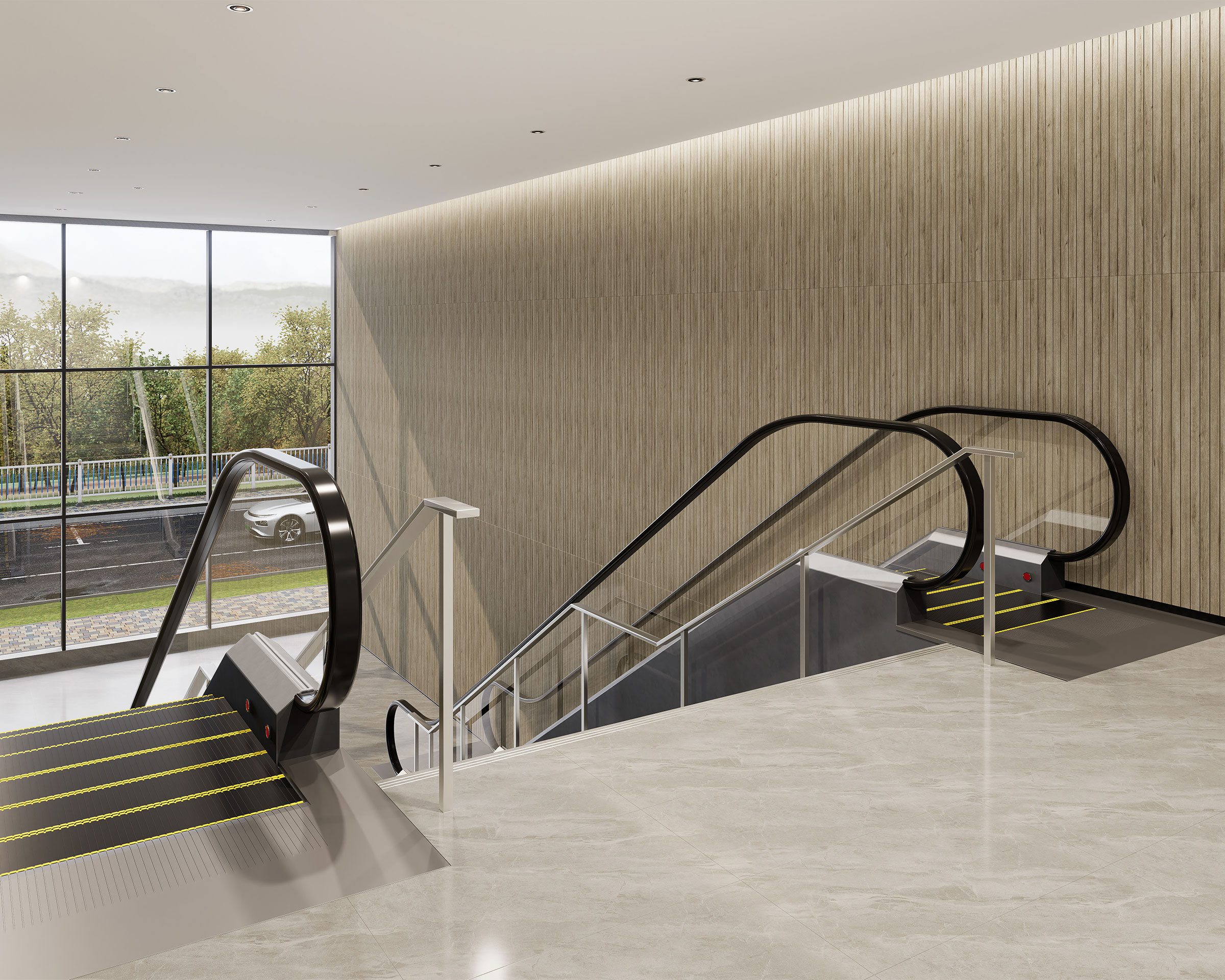 A modern, spacious indoor area featuring a pair of sleek, black handrail escalators descending to a lower level. The walls are adorned with vertical woodgrain acoustic felt slats, and large windows provide natural light, revealing a road and green trees outside.
