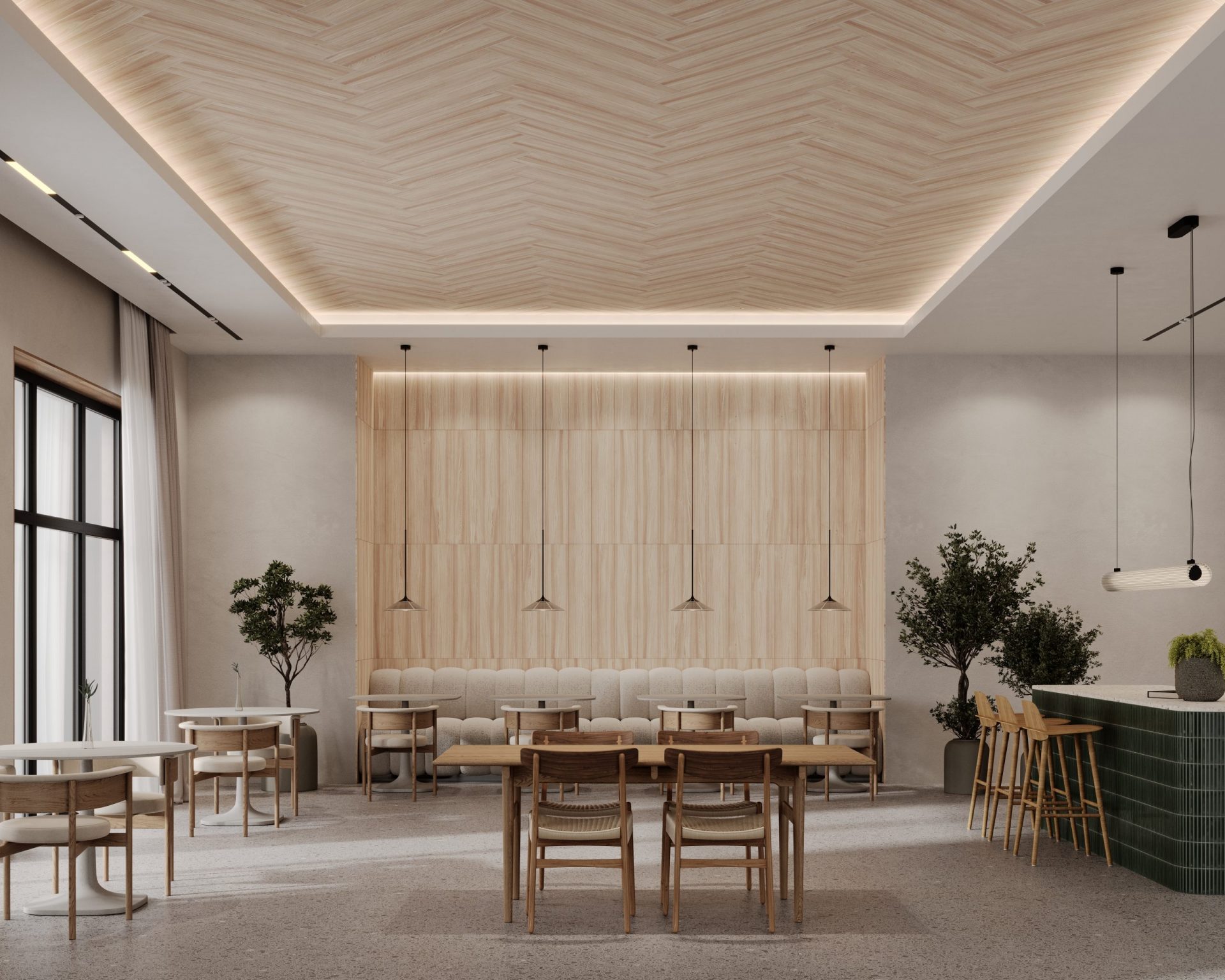 A modern, minimalist cafe interior with light wooden furniture. The seating area features wooden chairs and beige cushioned benches. The ceiling has acoustic felt planks in a geometric herringbone design with soft lighting. Greenery accents the space, adding a natural touch.