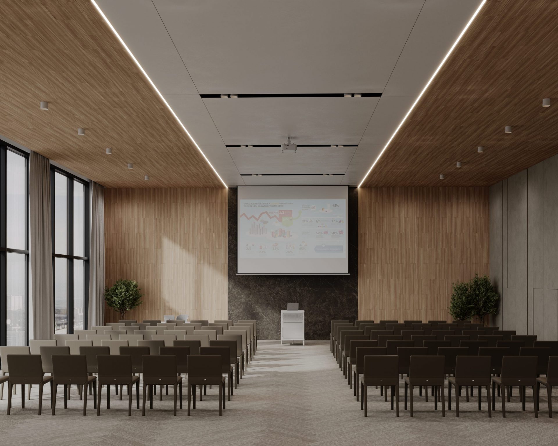 A modern, well-lit conference room with rows of empty chairs facing a large screen displaying a presentation. The room features wood-paneled walls, acoustic felt ceiling planks for enhanced sound quality, large windows on the left side, a central podium, and two tall plants on either side of the front wall.