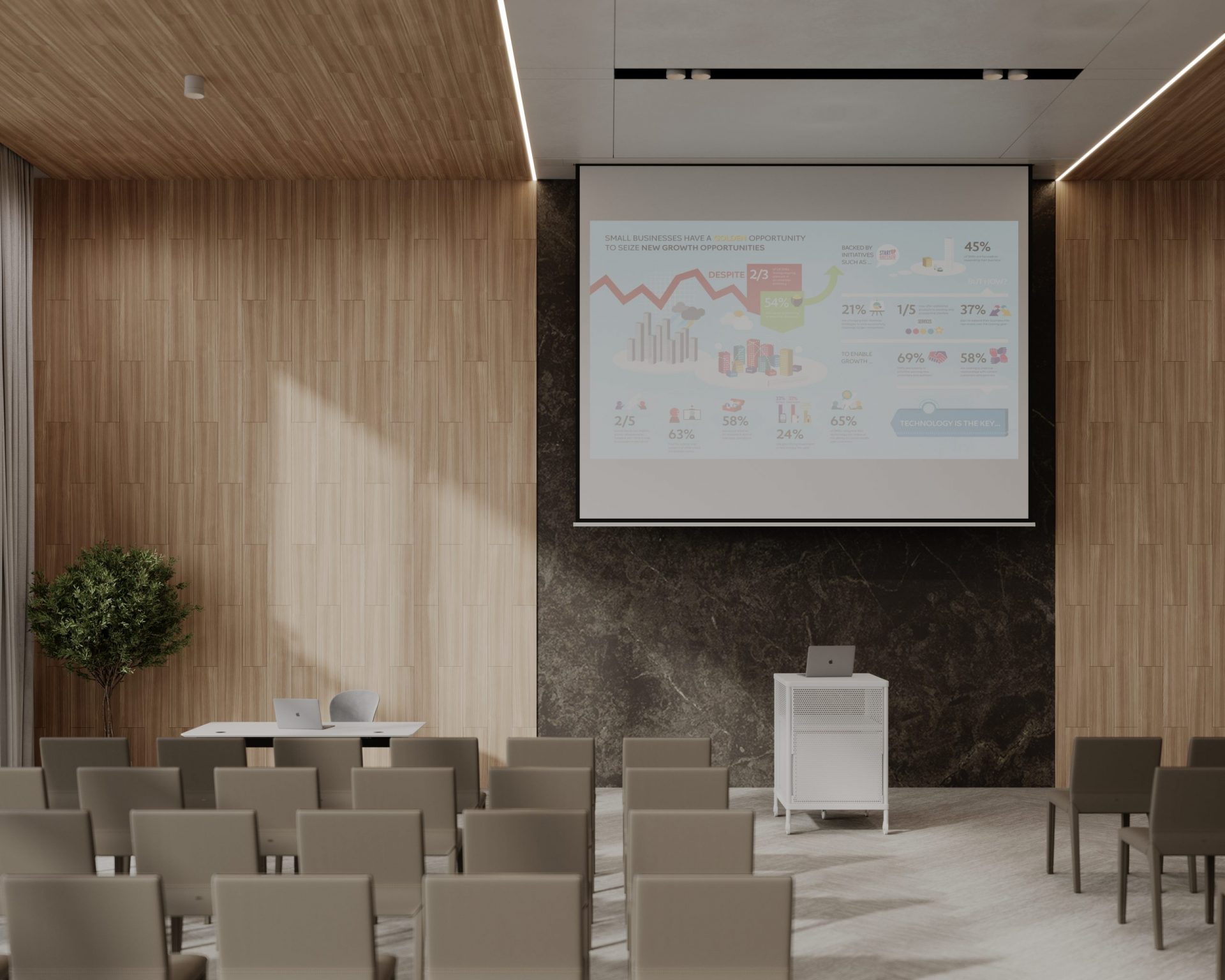 A modern conference room with rows of grey chairs facing a large screen displaying business charts and graphs. The room features acoustic felt wall planked walls, a potted plant, a podium with a white stand, and a table with laptops at the front.