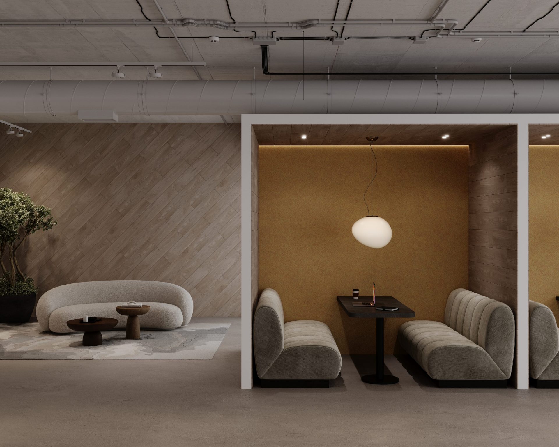 A modern interior features a cozy, minimalistic lounge area. On the left, a light-colored sofa with a matching coffee table sits near a potted plant. On the right, two booth seating areas with cushioned benches and acoustic felt wall planks have pendant lights and tables for an intimate setting.