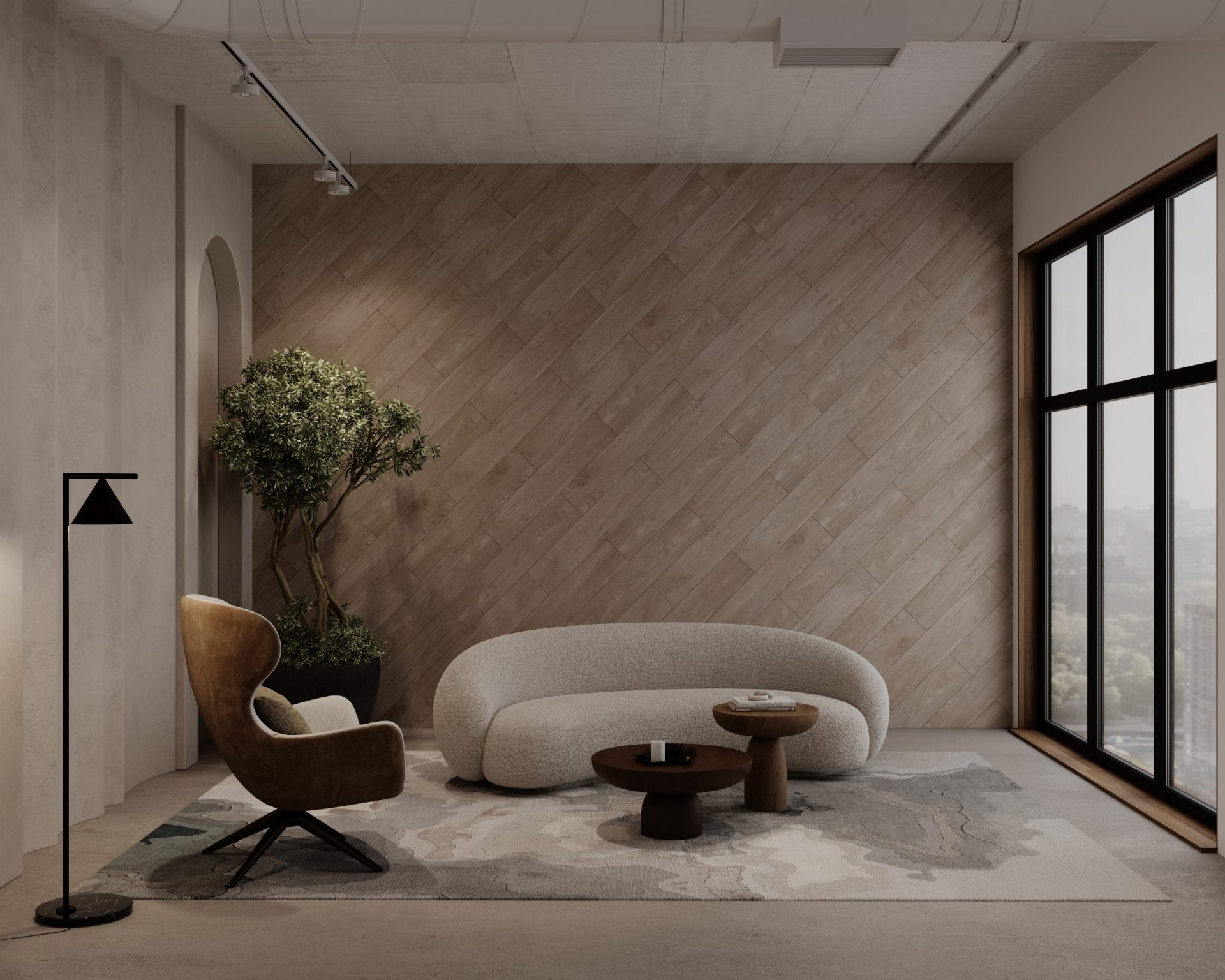 A modern, minimalist living room featuring a curved sofa, a brown armchair, and a small coffee table on a patterned rug. A potted tree decorates the corner with acoustic felt wall planks in a herringbone pattern, and large windows offer a view outside. A floor lamp stands nearby.