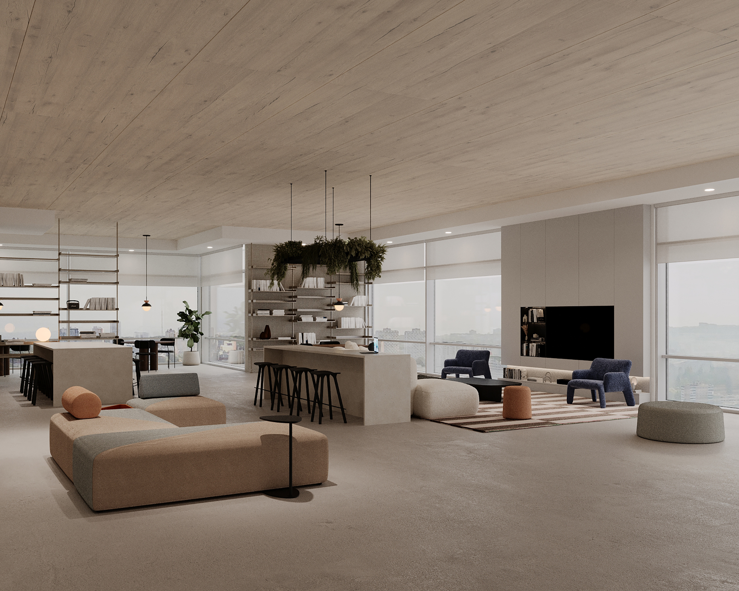 A spacious, modern living room and kitchen area with large windows. The room features a light wood ceiling with concealed acoustic felt panels, a neutral-toned sectional sofa, small round ottomans, a bar area with high stools, hanging light fixtures, built-in shelving, and various plants.