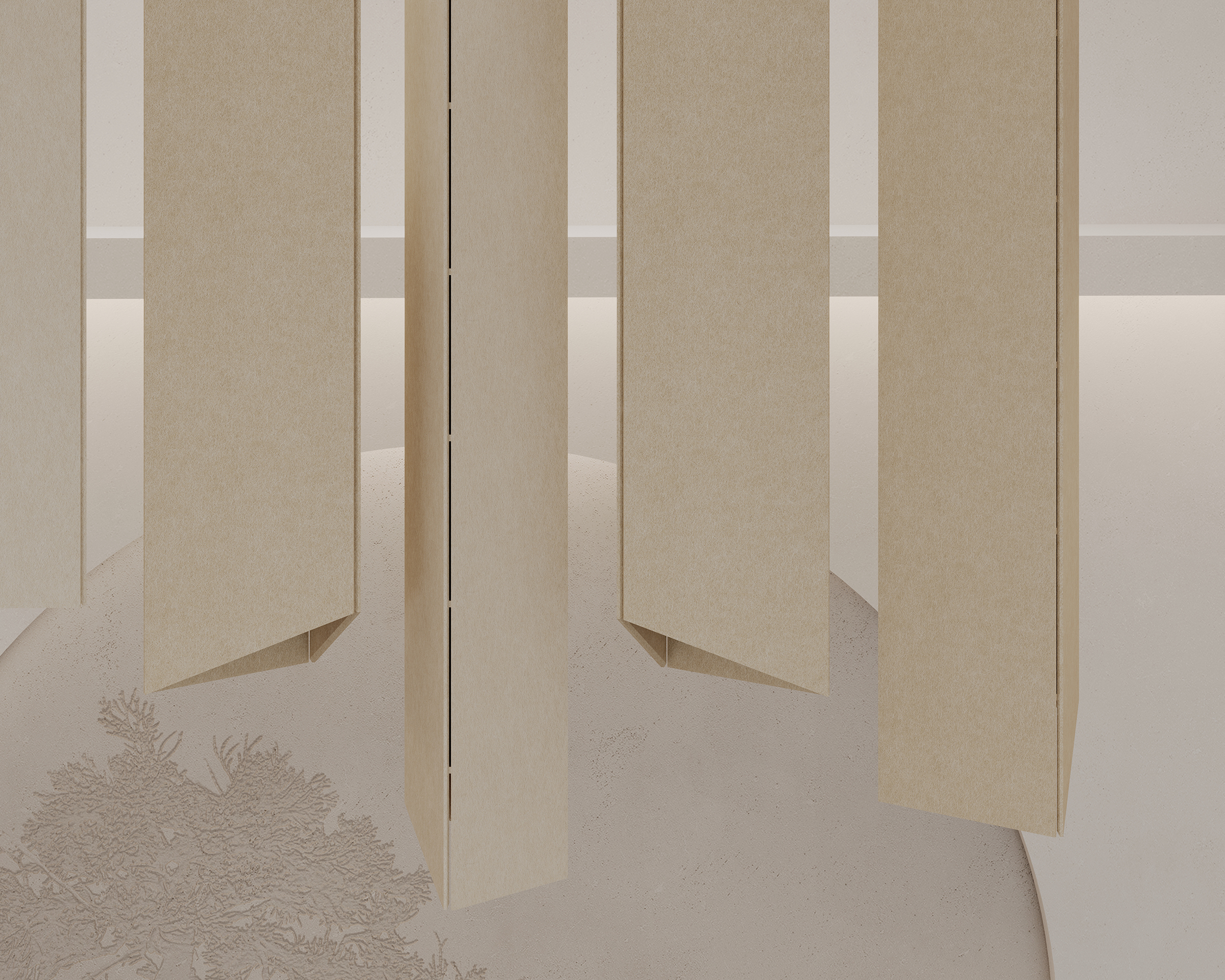 Abstract view of vertical pendants casting soft shadows on the quiet ceiling in a minimalist interior.