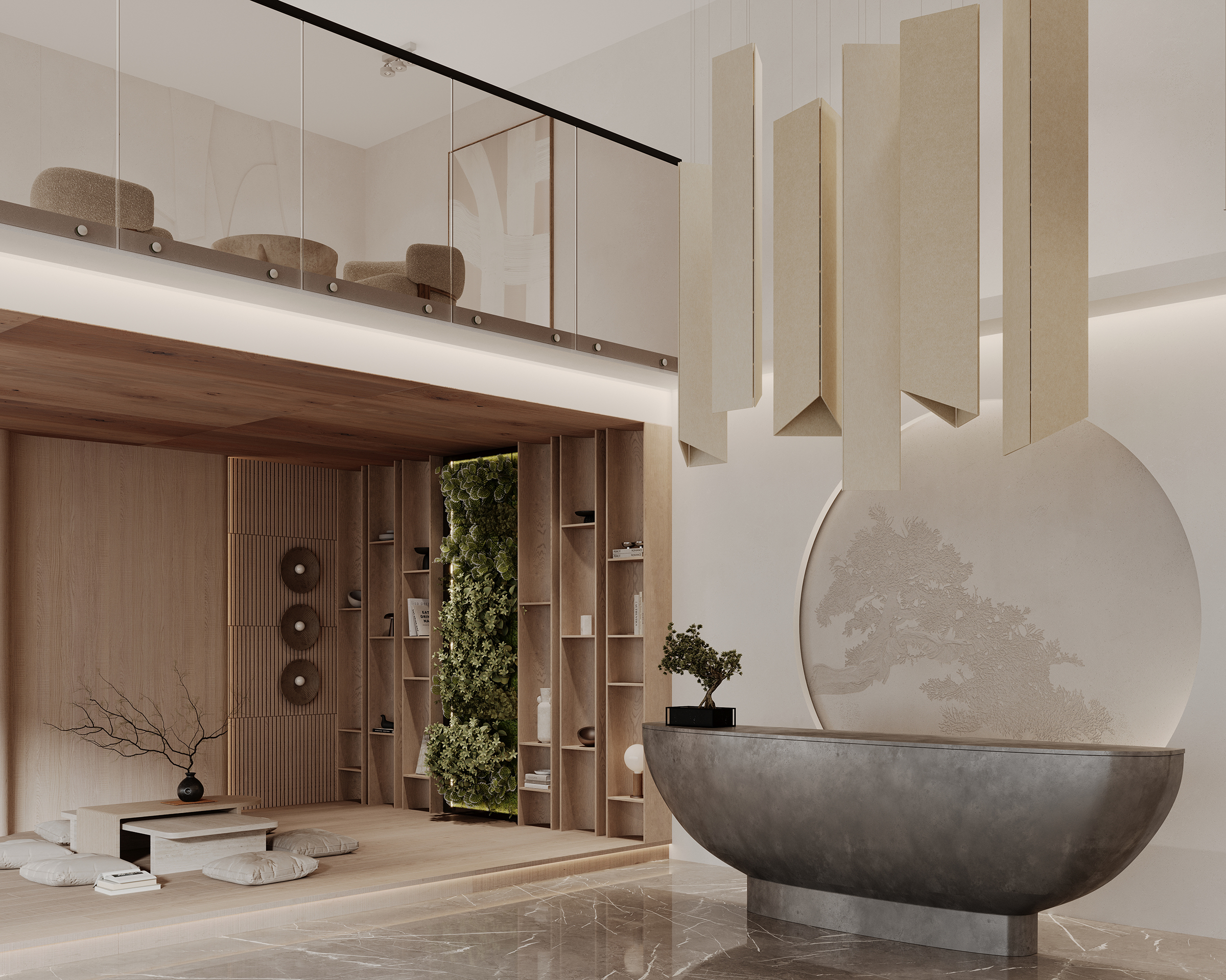 Modern zen-inspired bathroom with a large, round stone bathtub as the centerpiece, surrounded by wooden elements, greenery walls, and hanging geometric pendant clouds, creating a serene and naturalistic space.
