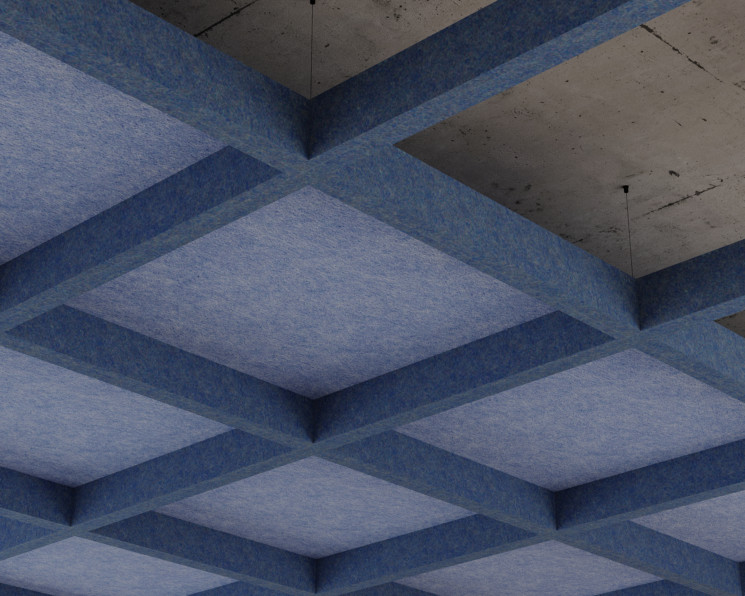 A ceiling with an acoustic grid pattern composed of blue felt frames and concrete sections is capped with an industrial-modern design. The blue panels fill the grid spaces, creating a checked effect. Thin wires are visible for suspension.