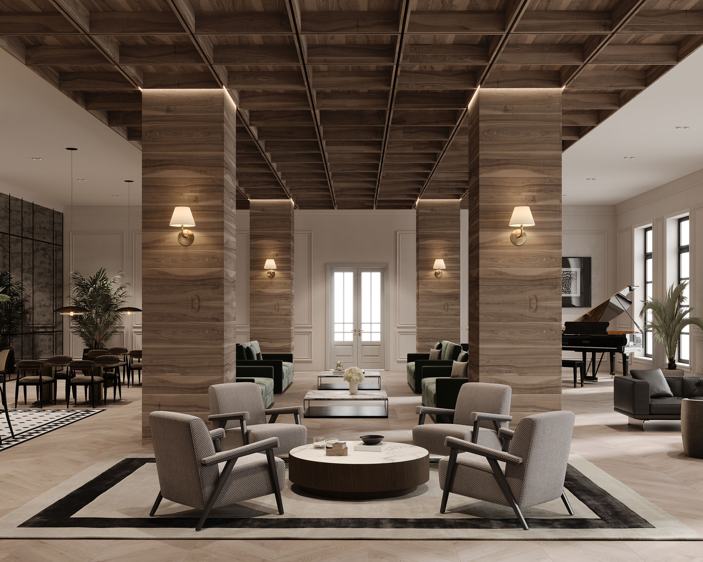 A spacious modern living room featuring high waffle grid ceilings, elegant gray armchairs around a circular wooden coffee table, large windows at the back, and a grand piano in the corner.