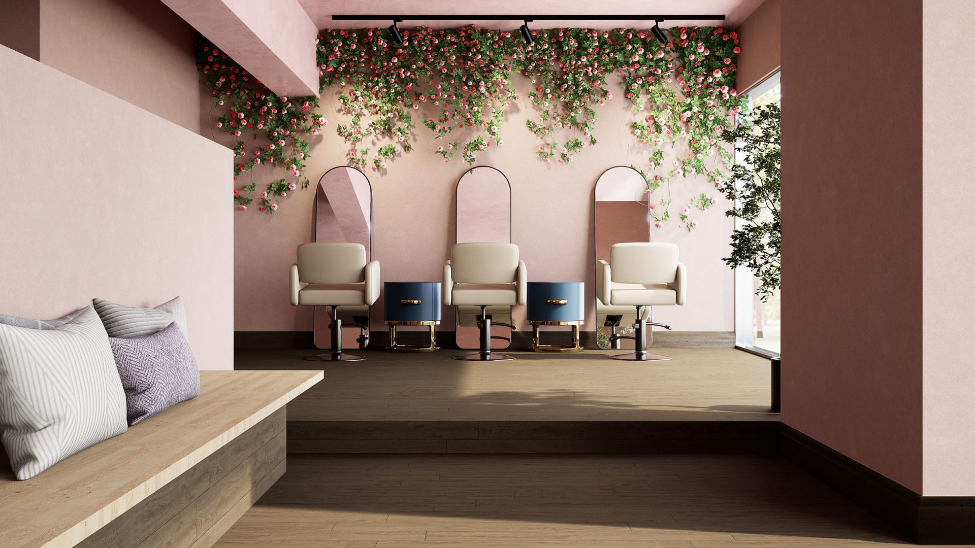 A serene beauty salon interior with three white styling chairs facing mirrors, accented by solid wall and ceiling panels in Valentine, plus hanging green and pink floral decorations. Quiet natural light streams in from an open window.