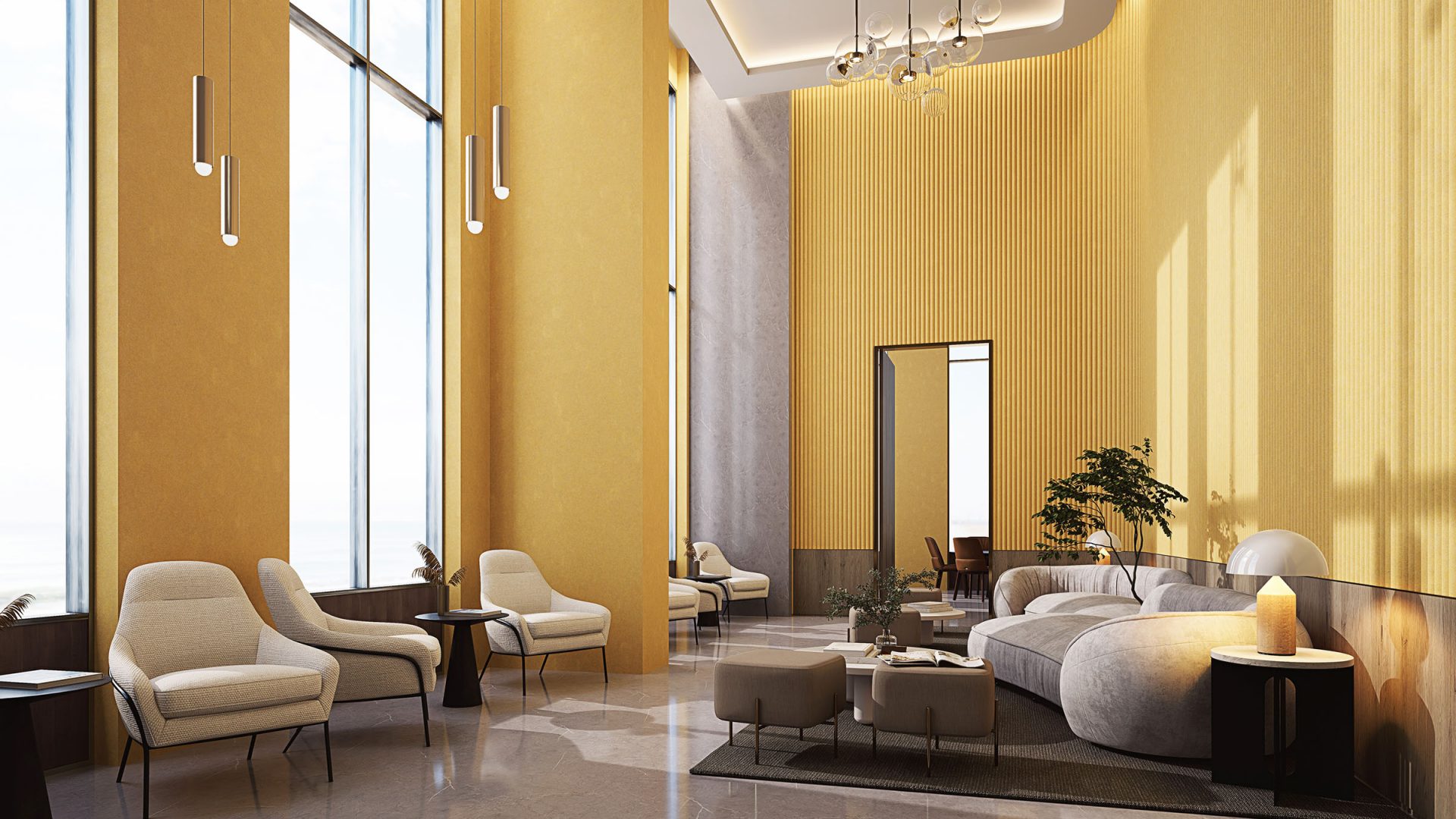 Spacious and elegant modern lobby featuring high ceilings and large windows, luxurious beige and white furniture, chic lighting fixtures, and acoustic wall panels in Wheat for a quiet atmosphere.