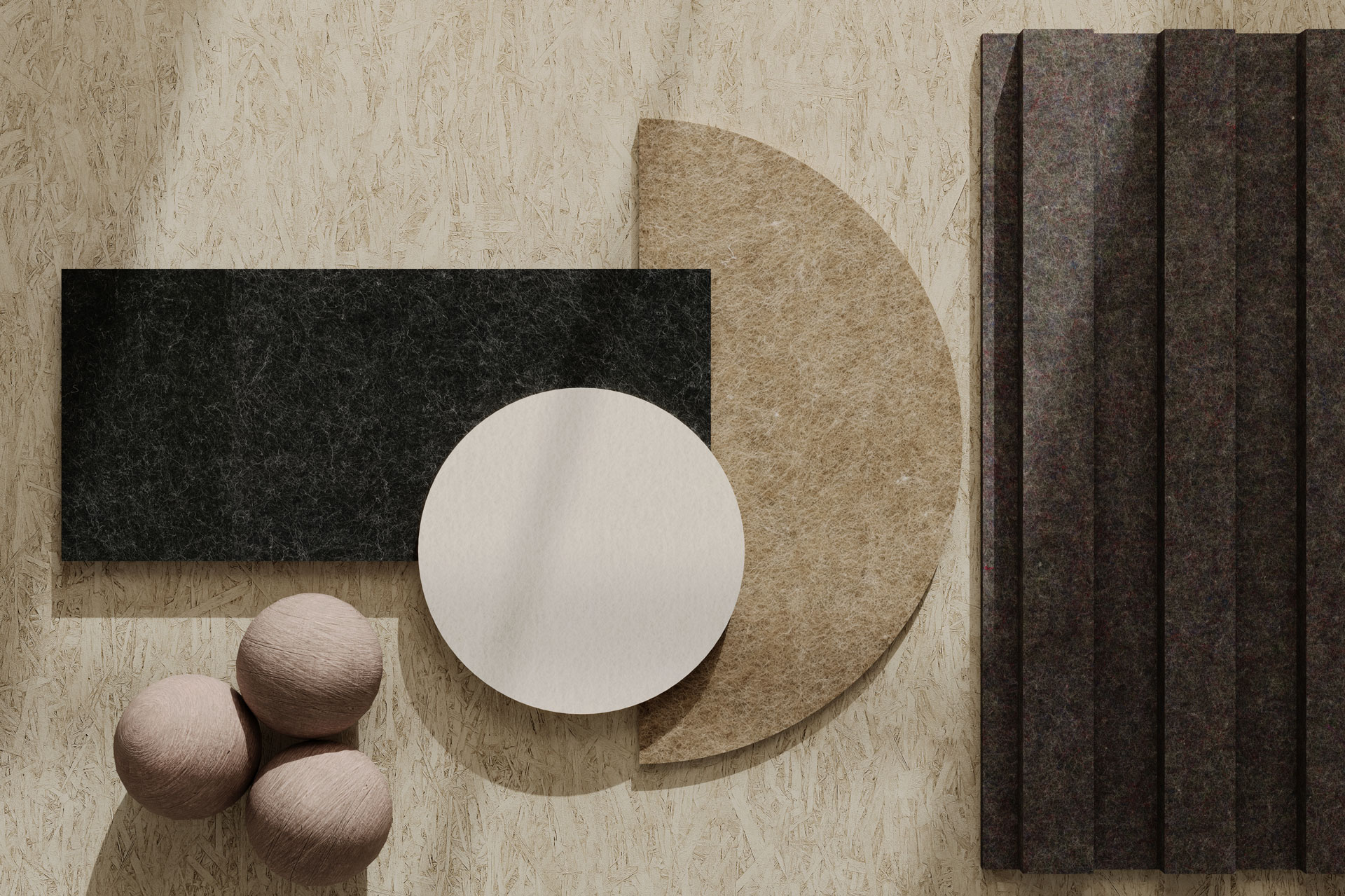 A top-down view of a minimalist acoustic felt arrangement featuring geometric shapes and textures. It includes a black rectangle, a circular disc, a textured semicircle, and a series of vertical dark panels. Three beige yarn balls sit on the left, casting soft shadows over the naturals-inspired design.