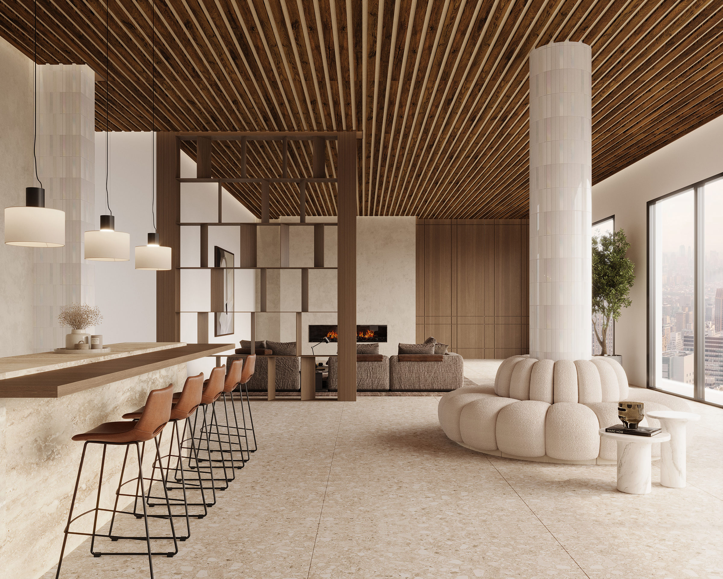 Modern, open-concept living room with an acoustic felt ceiling frame, light-colored terrazzo flooring, and large windows offering a city view. Features a cozy area with a rounded beige sofa, a built-in wooden divider, a bar counter with stools, and pendant lighting.