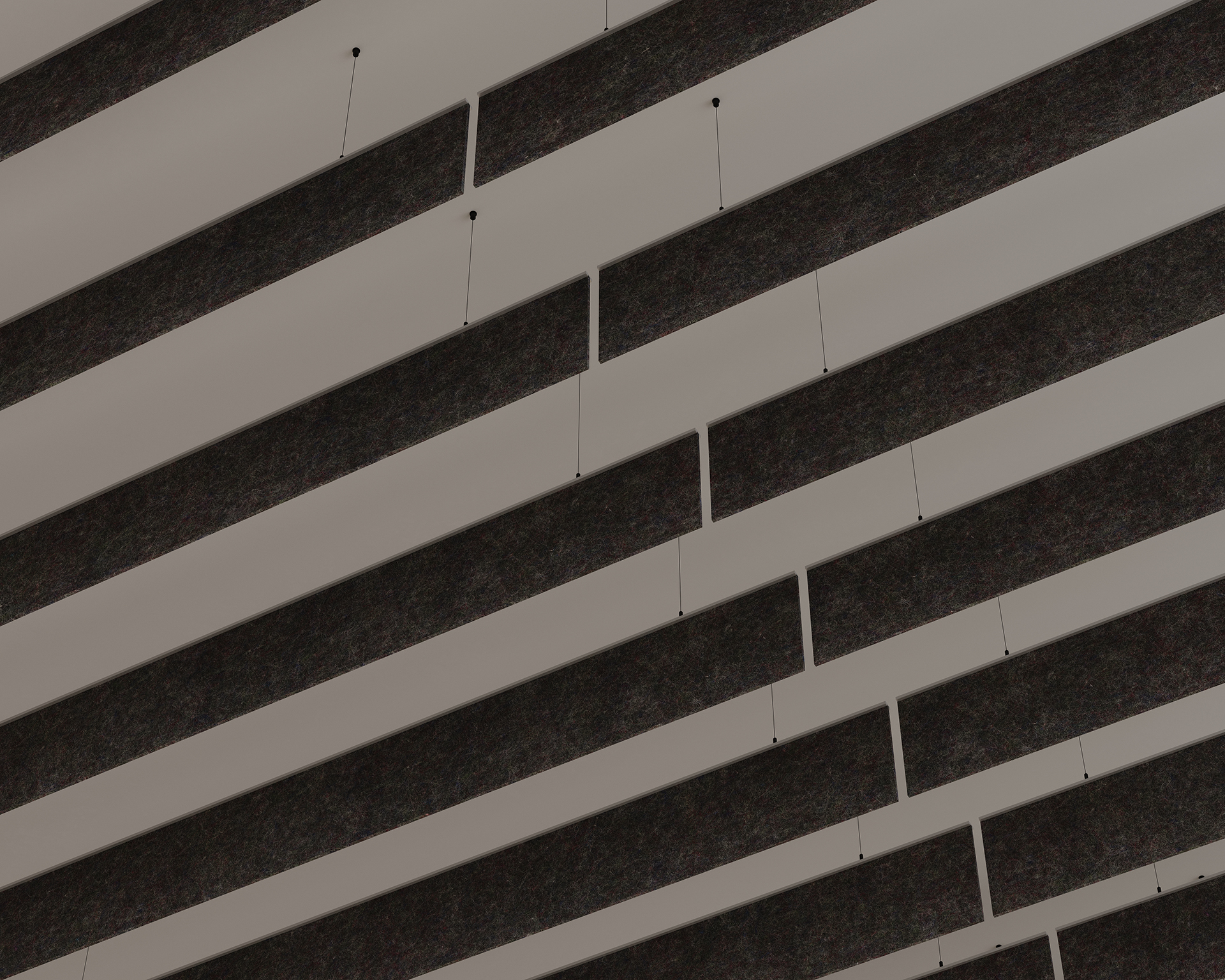 Abstract view of a ceiling with linear acoustic baffles. Thin wires connect the baffles to the ceiling, adding to the geometric effect. The design has a modern and minimalist aesthetic.