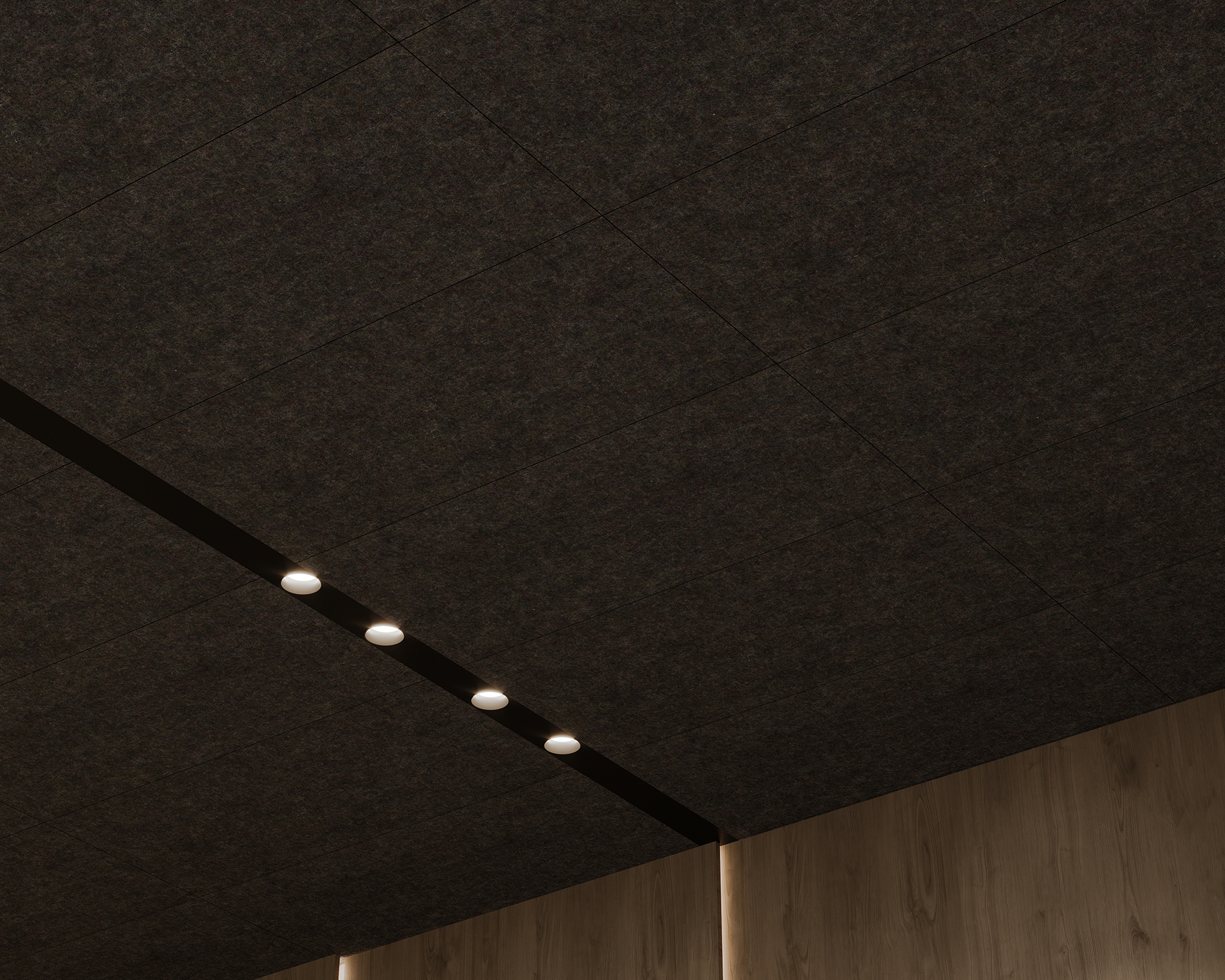 A section of a modern ceiling with dark tiles featuring a thin black strip housing four evenly spaced, round, glowing light fixtures. The bottom part of the image shows a wooden panel with vertical lines.