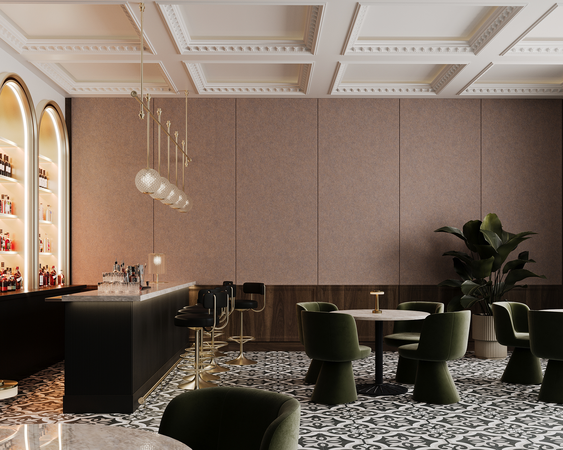 A chic, modern bar with a patterned tile floor, acoustic felt panel wall, and coffered ceiling. The bar area features mirrored shelves stocked with bottles, hanging glass globe lights, and bar stools with gold accents. There are green velvet chairs surrounding small tables and a large potted plant.