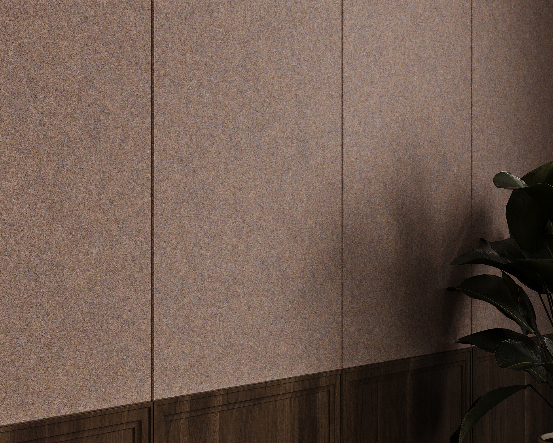 A textured amethyst acoustic felt wall with vertical panels occupies most of the image. The lower portion of the wall features dark wooden trim. In the bottom right corner, the shadow of a plant with broad leaves is visible, giving the scene a subtle, natural touch.